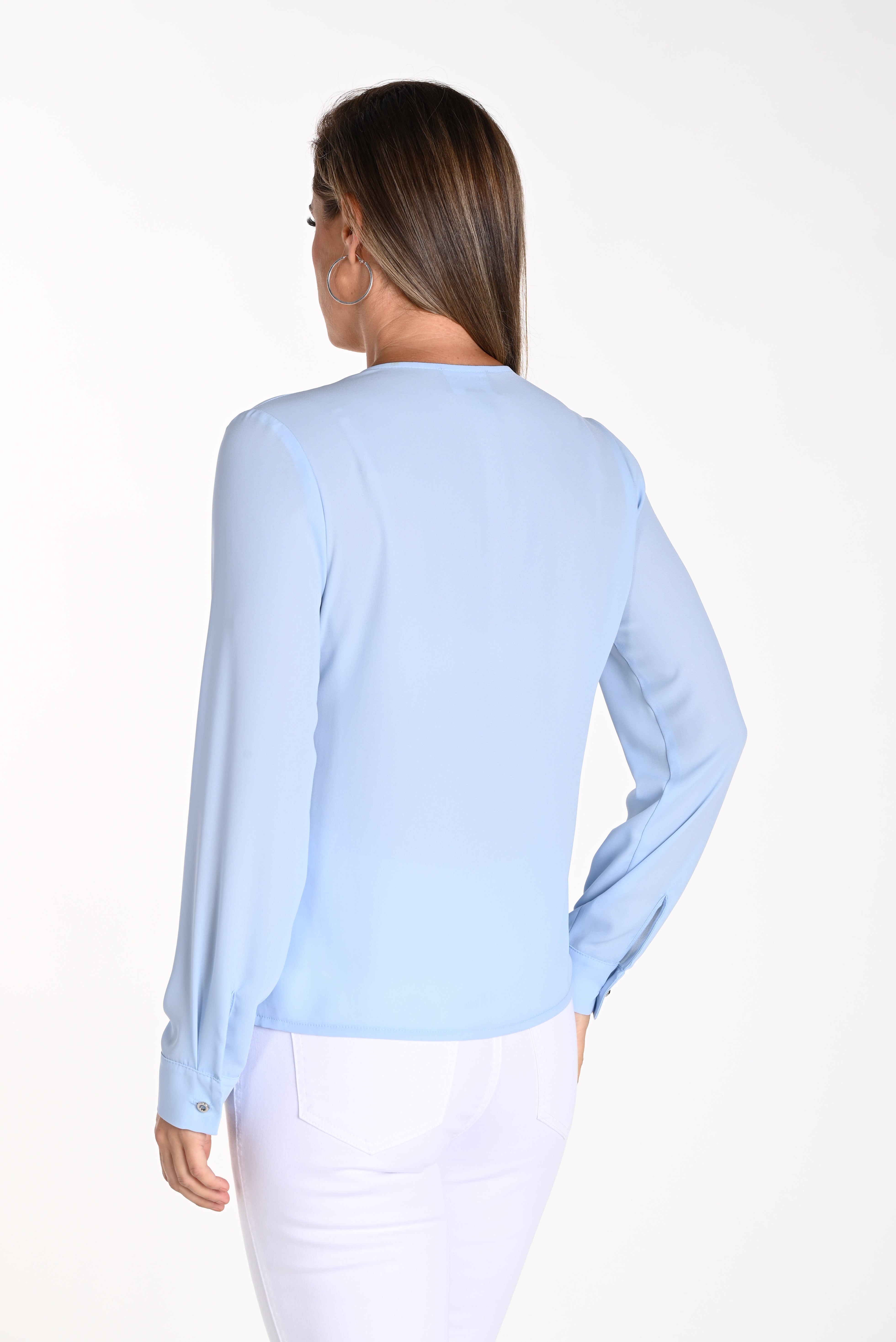 Back view of Frank Lyman (241254) Women's Long Sleeve Solid Woven Blouse with Split V-neck  in Powder Blue