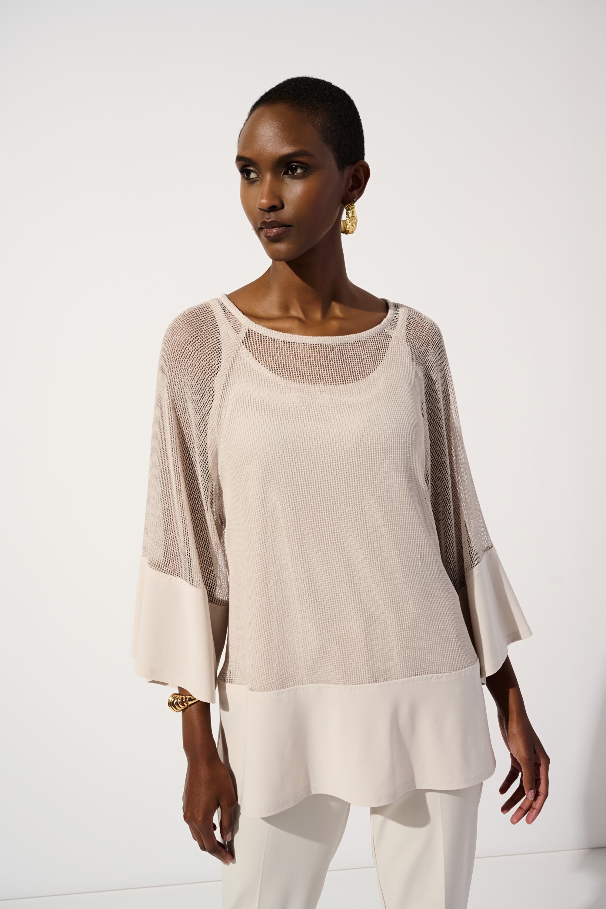 Joseph Ribkoff (241261) Women's 3/4 Sleeve Mesh & Silky Knit Two Piece Top with Removeable Cami in Moonstone Beige