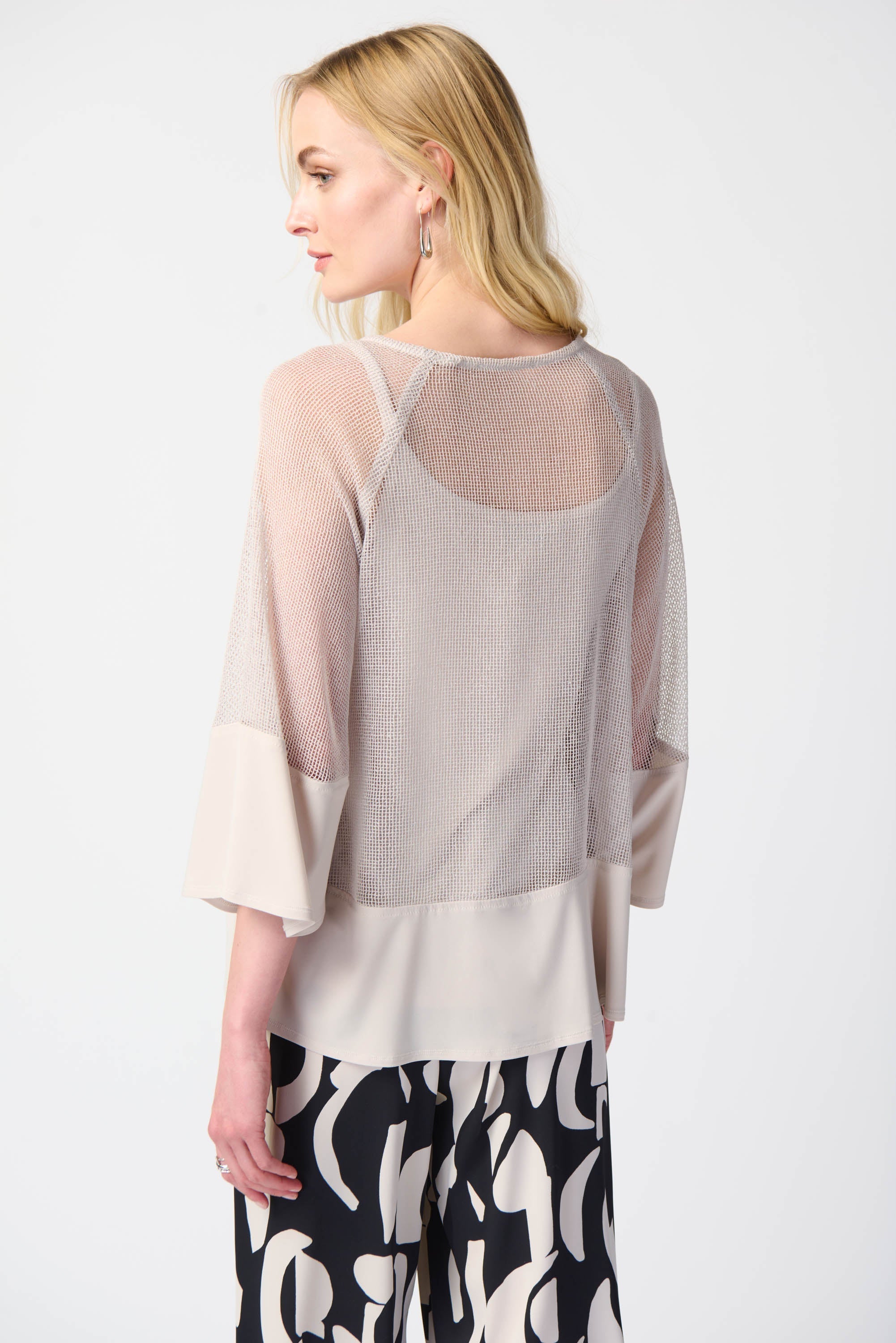 Back view of Joseph Ribkoff (241261) Women's 3/4 Sleeve Mesh & Silky Knit Two Piece Top with Removeable Cami in Moonstone Beige