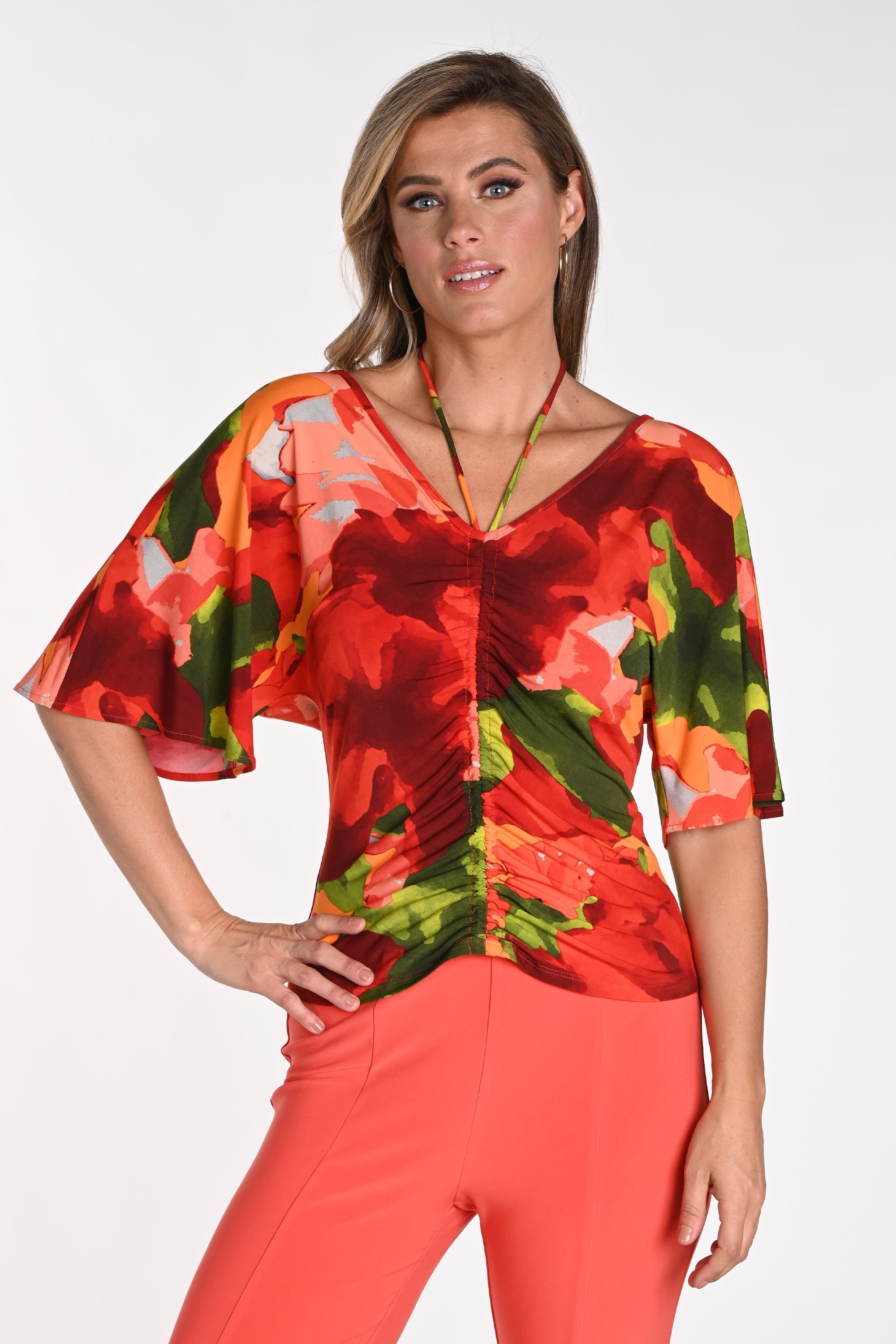 Orange Printed Ruched Top