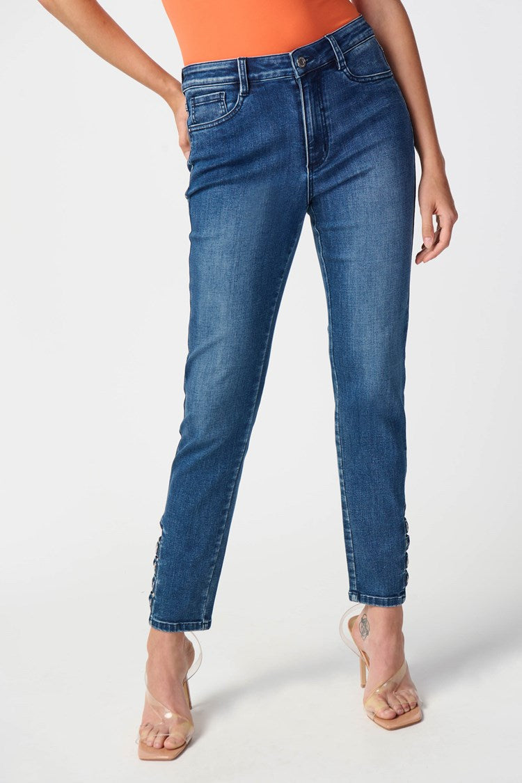 Joseph Ribkoff (241900) Women's Classic Ankle Length Slim Fit Jeans with Rivet  Embellished hem