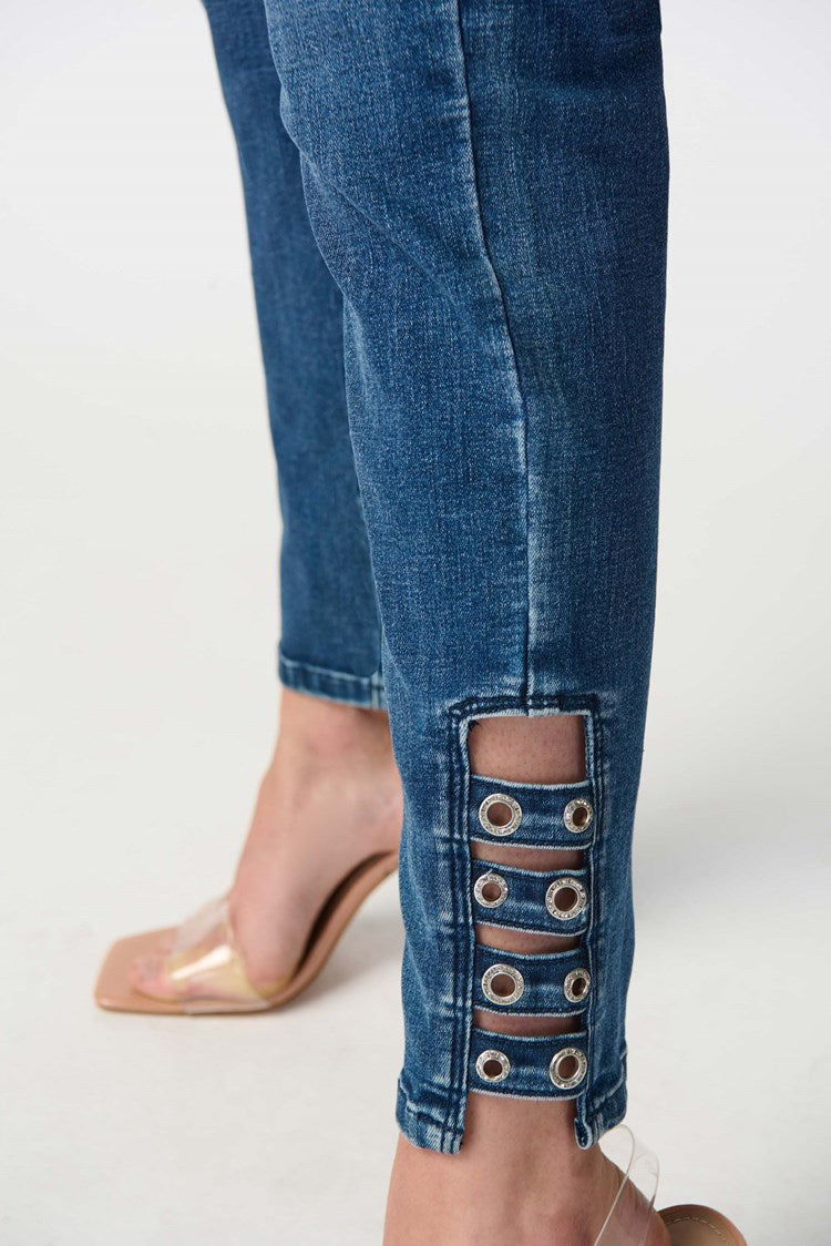 Close up of cutout and rivet detail on Joseph Ribkoff (241900) Women's Classic Ankle Length Slim Fit Jeans with Rivet  Embellished hem