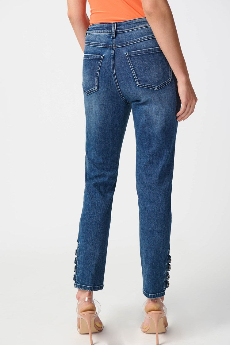 Back view of Joseph Ribkoff (241900) Women's Classic Ankle Length Slim Fit Jeans with Rivet  Embellished hem