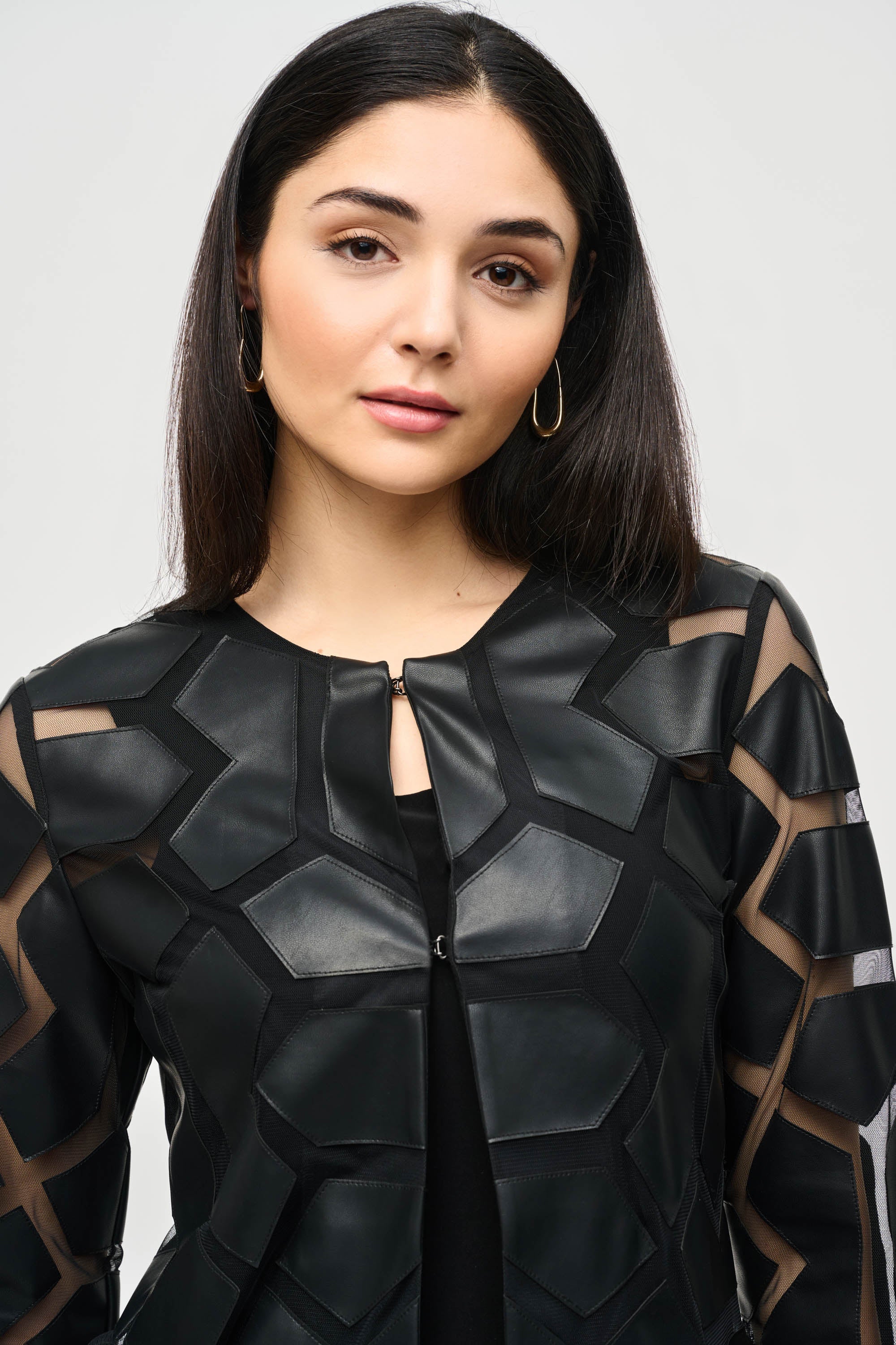 Joseph Ribkoff (241905F24) Women's Long Sleeve Faux Leather Hexagon and Mesh Crew Neck Jacket in Black with Hook and Eye Front Closure