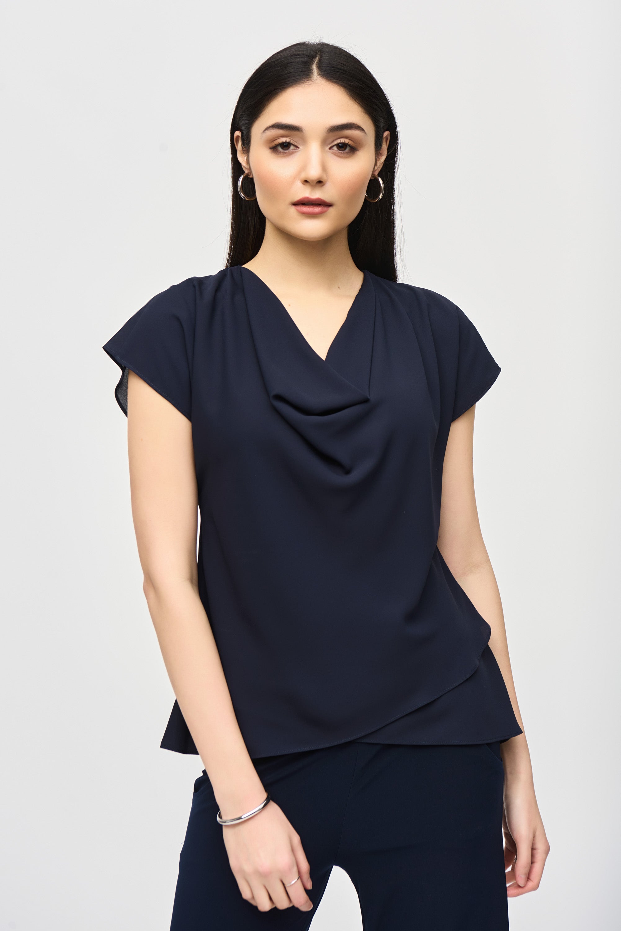 Joseph Ribkoff (242027) Women's Short Dolman Sleeve Georgette Fit and Flare Layered Top with Cowl Neck in Midnight Blue