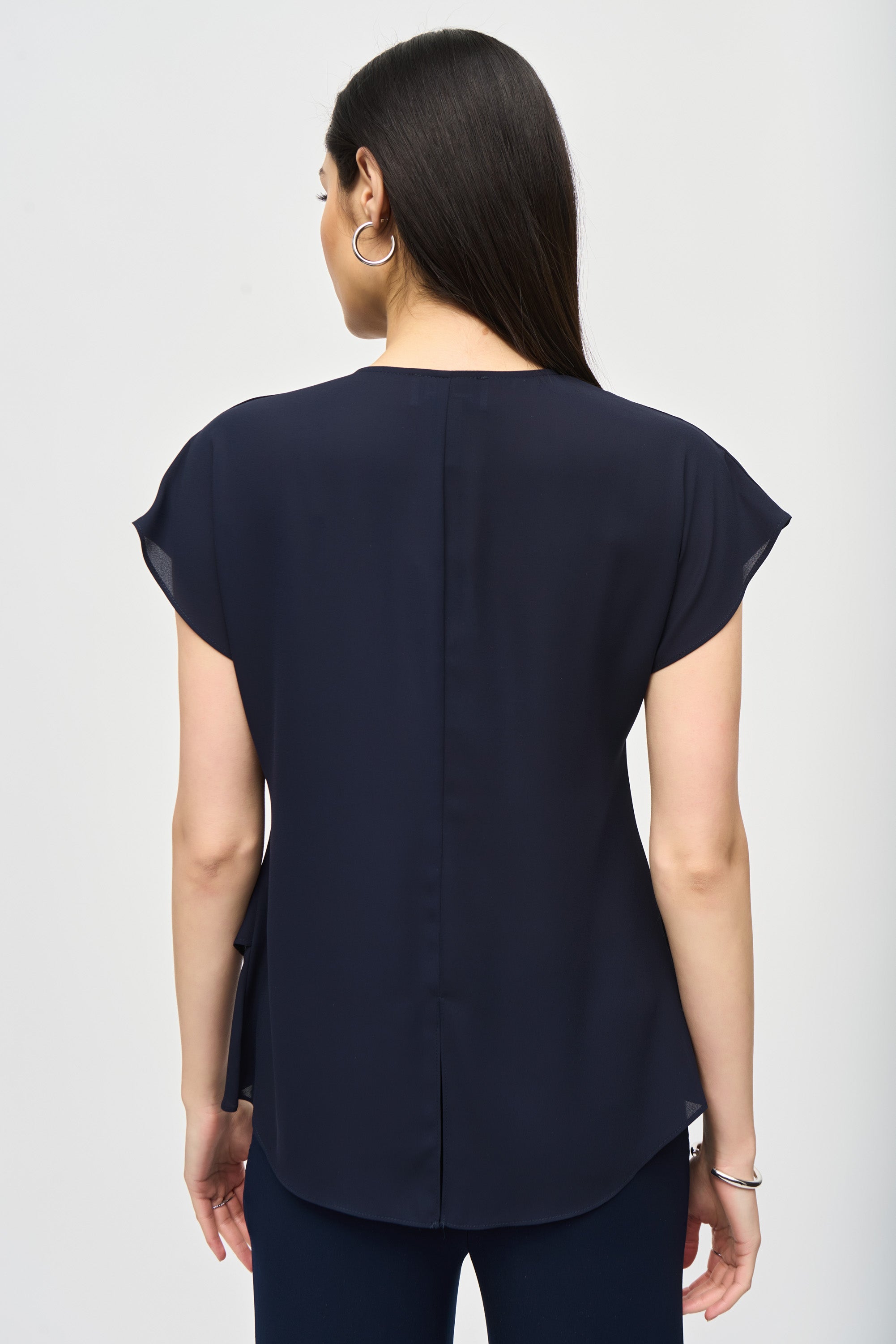 Back view of Joseph Ribkoff (242027) Women's Short Dolman Sleeve Georgette Fit and Flare Layered Top with Cowl Neck in Midnight Blue