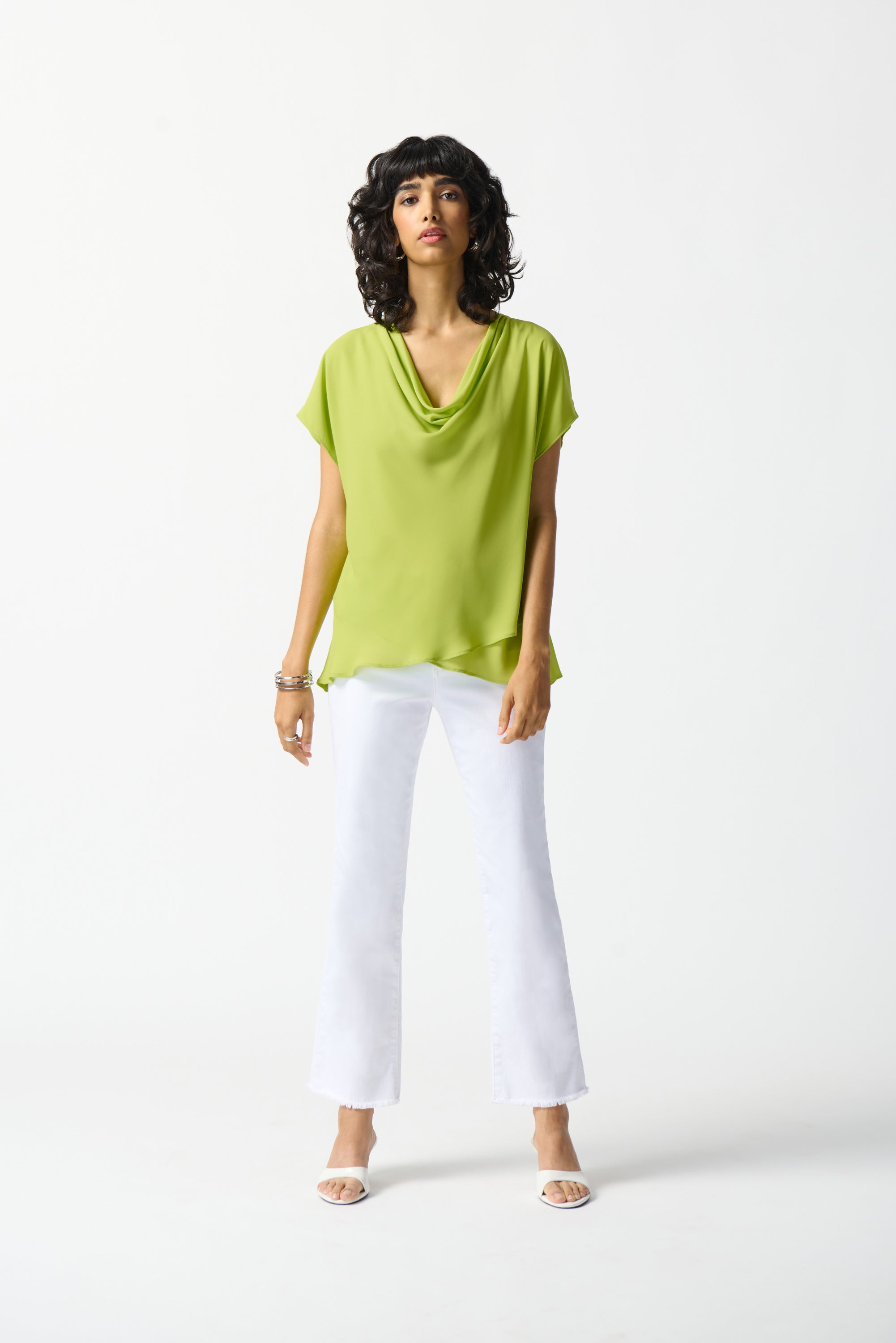 Joseph Ribkoff (242027) Women's Short Dolman Sleeve Georgette Fit and Flare Layered Top with Cowl Neck in Lime Green