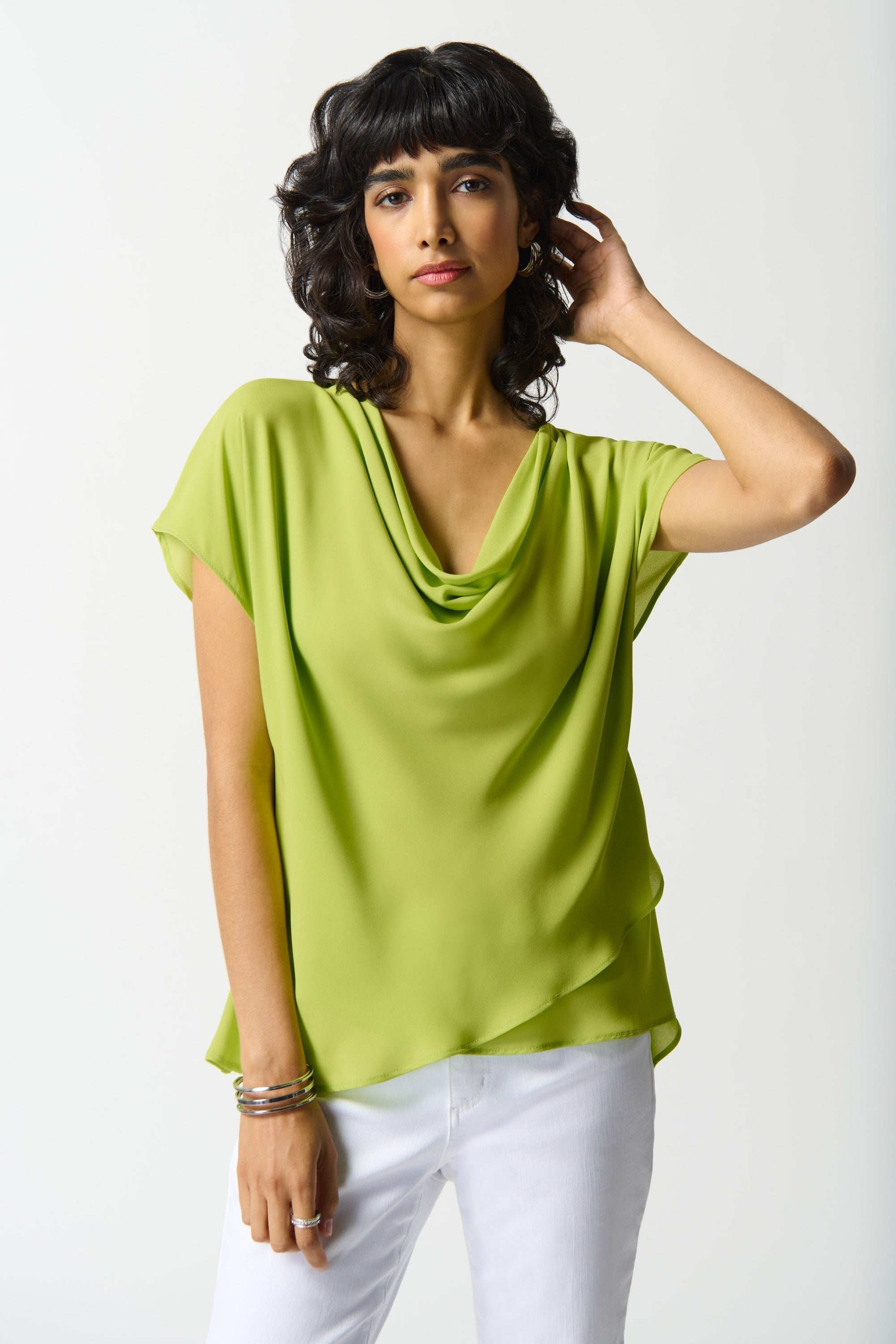 Joseph Ribkoff (242027) Women's Short Dolman Sleeve Georgette Fit and Flare Layered Top with Cowl Neck in Lime Green