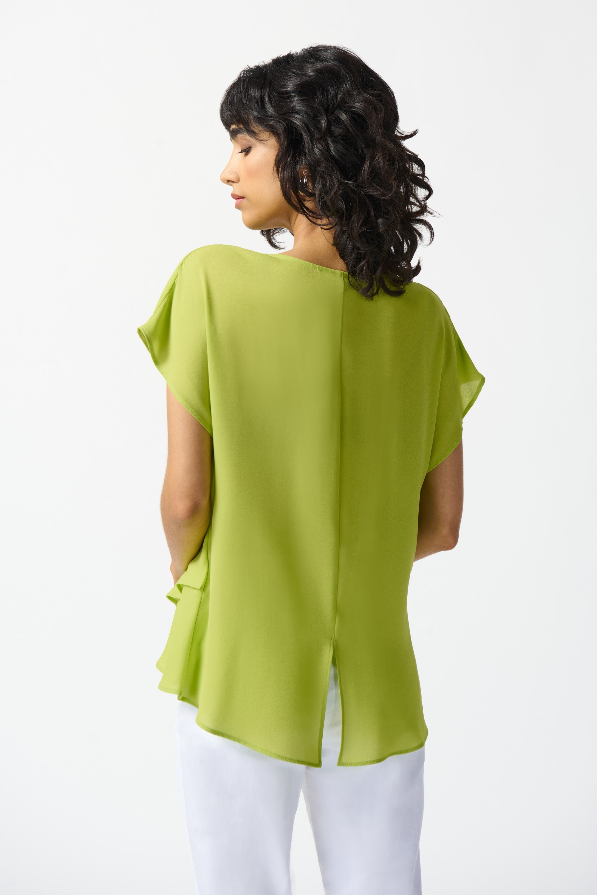 Back view of Joseph Ribkoff (242027) Women's Short Dolman Sleeve Georgette Fit and Flare Layered Top with Cowl Neck in Lime Green