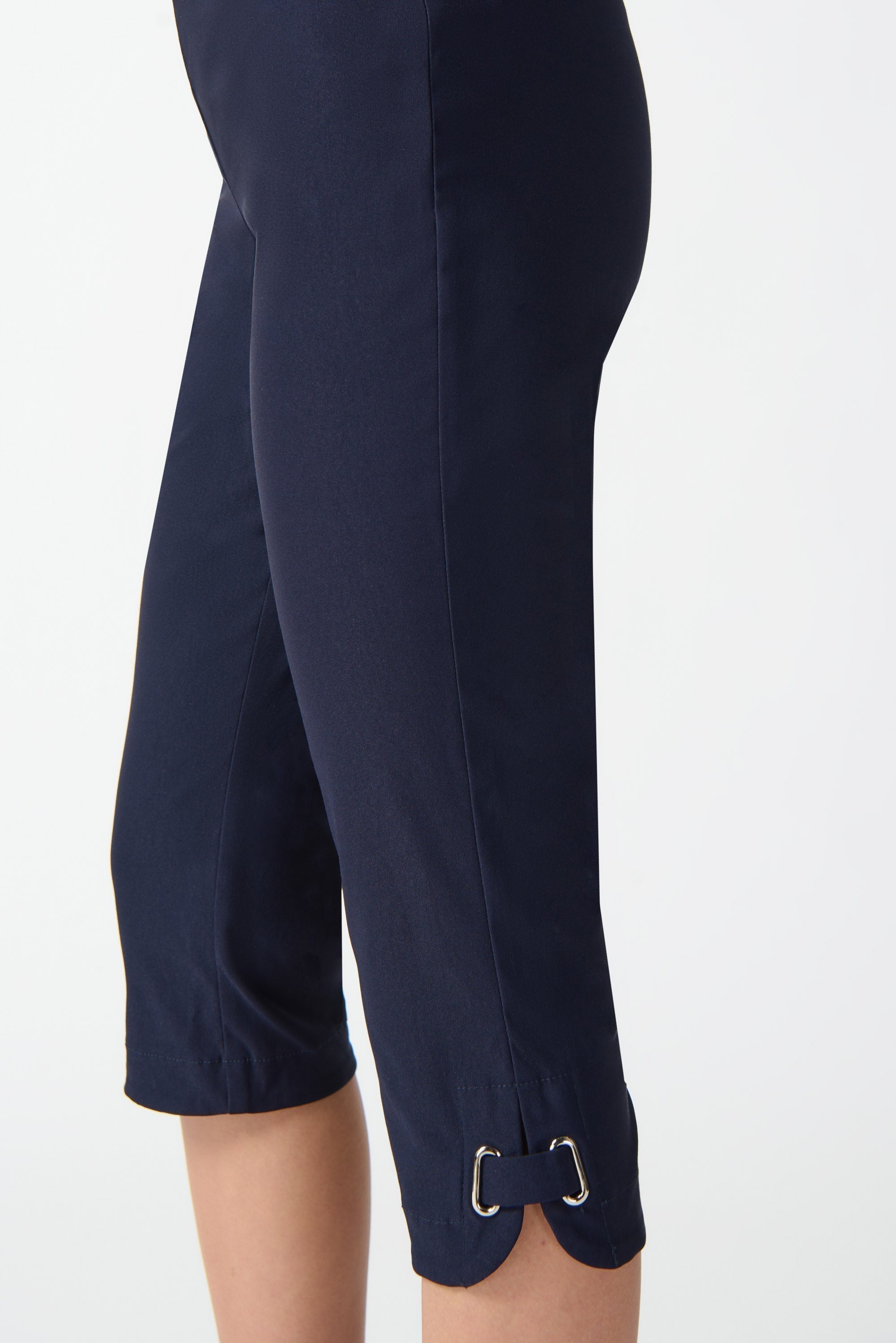 Joseph Ribkoff (242051) Women's Slim Fit Millenium Capris with  Clasp detail on hem in Midnight Navy Side view of Blue