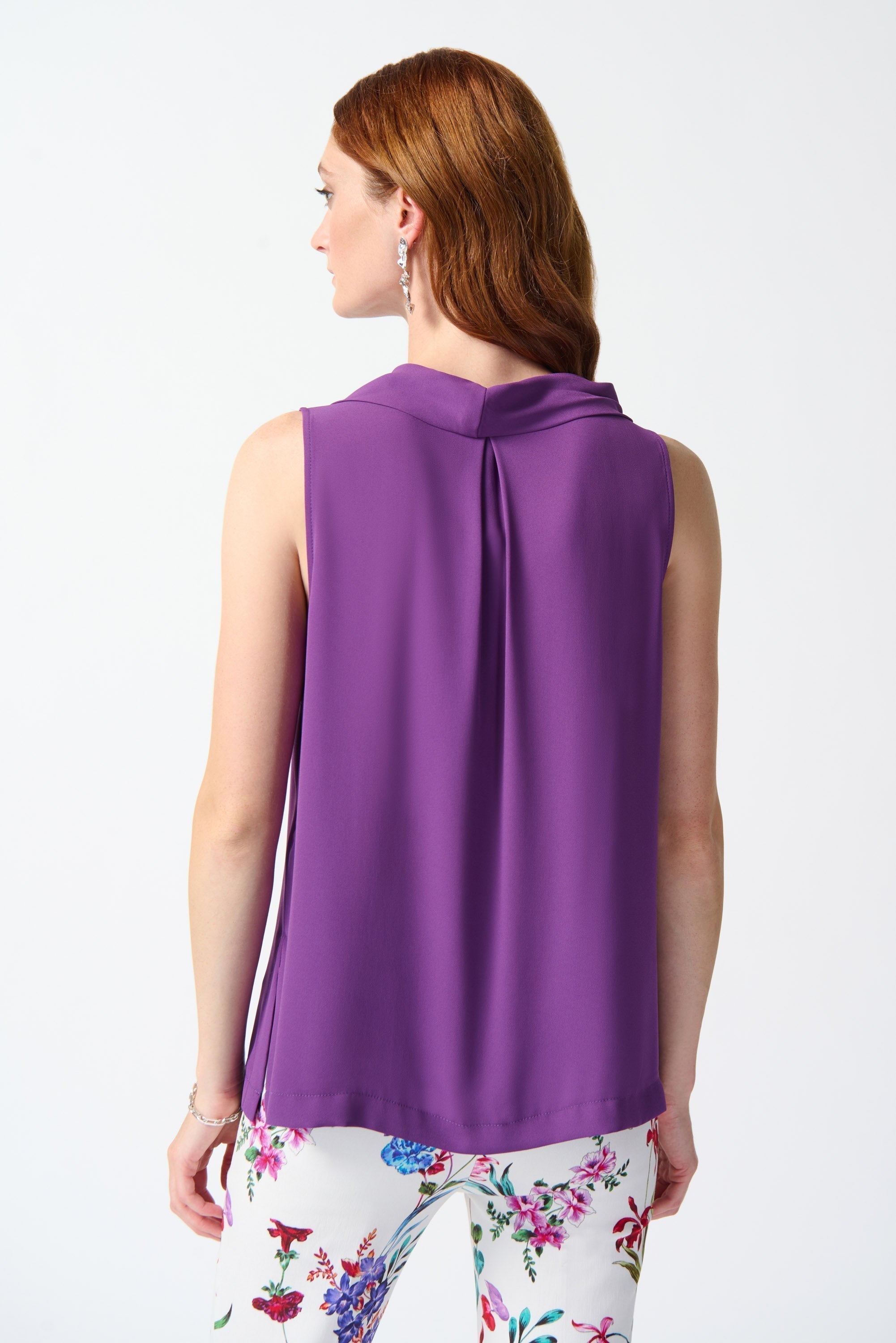 Back view of Joseph Ribkoff (242083) Women's Sleeveless Cowl Neck Georgette Blouse in Purple