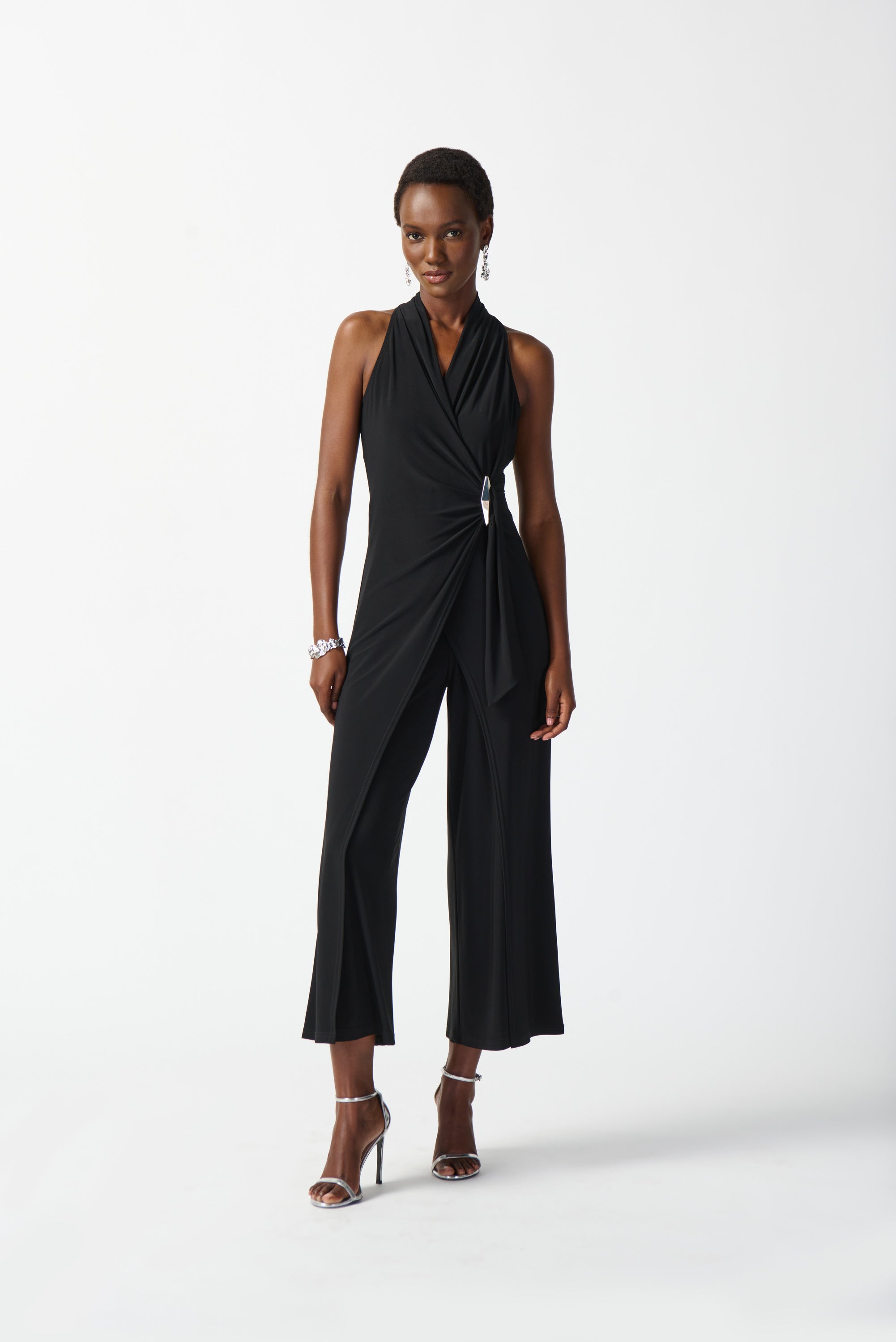 Front vie wof Joseph Ribkoff (242197) Women's Sleeveless Silky Knit Wrap Culotte Jumpsuit with Ornamental Side Buckle in Black