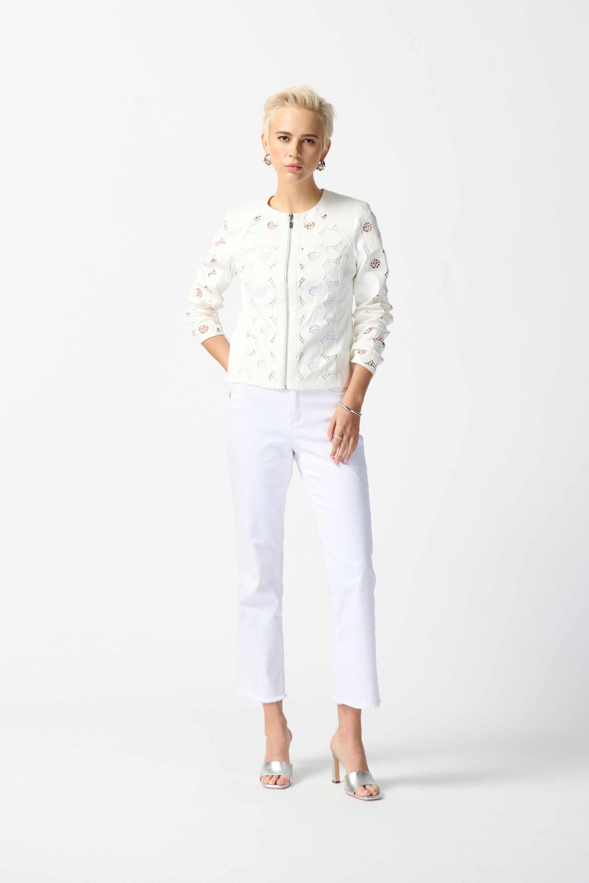 Front view of Joseph Ribkoff (242907) Women's Long Sleeve Faux Suede Jacket with Laser Cut detail in White