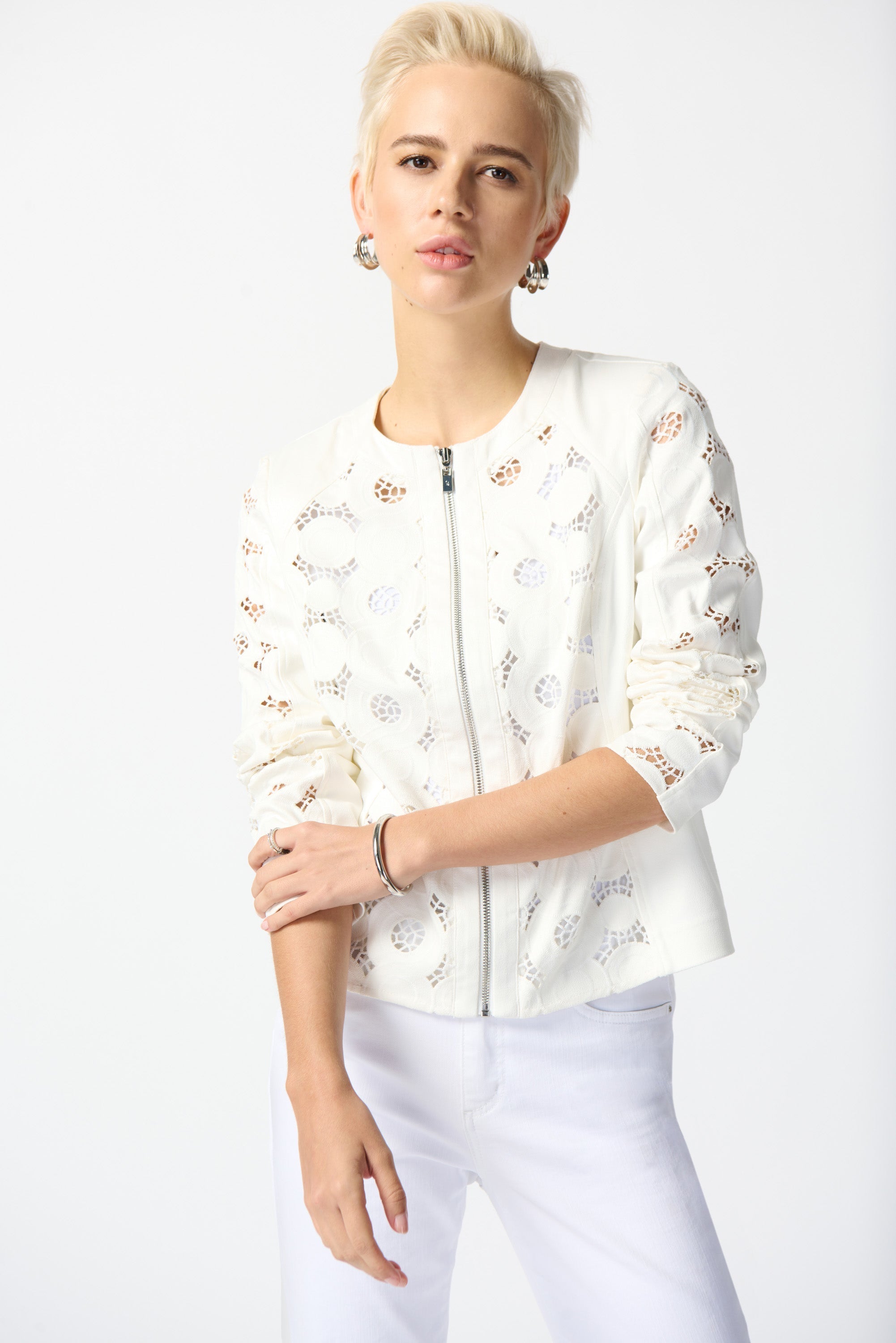 Joseph Ribkoff (242907) Women's Long Sleeve Faux Suede Jacket with Laser Cut detail in White