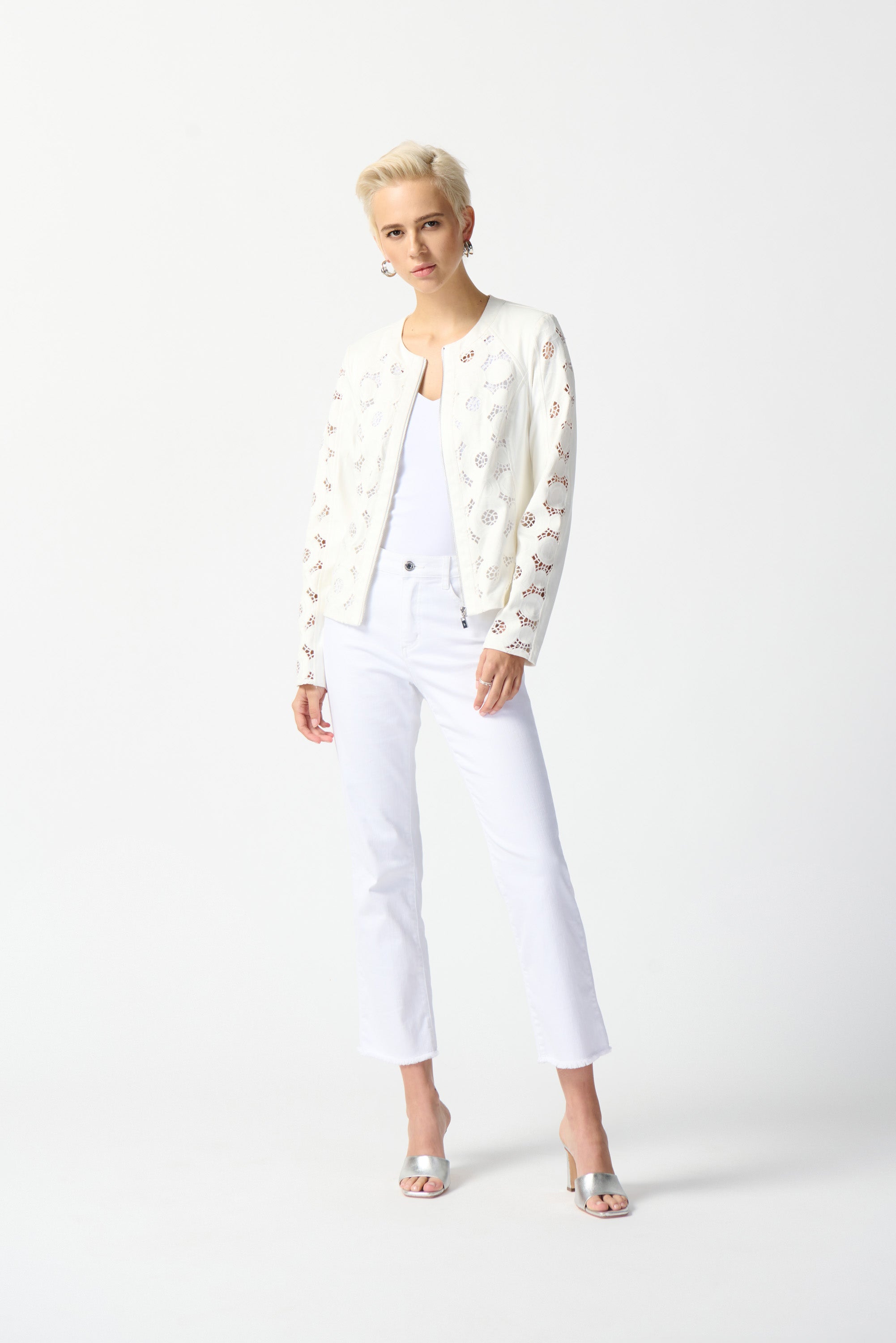 Front view of Joseph Ribkoff (242907) Women's Long Sleeve Faux Suede Jacket with Laser Cut detail in White