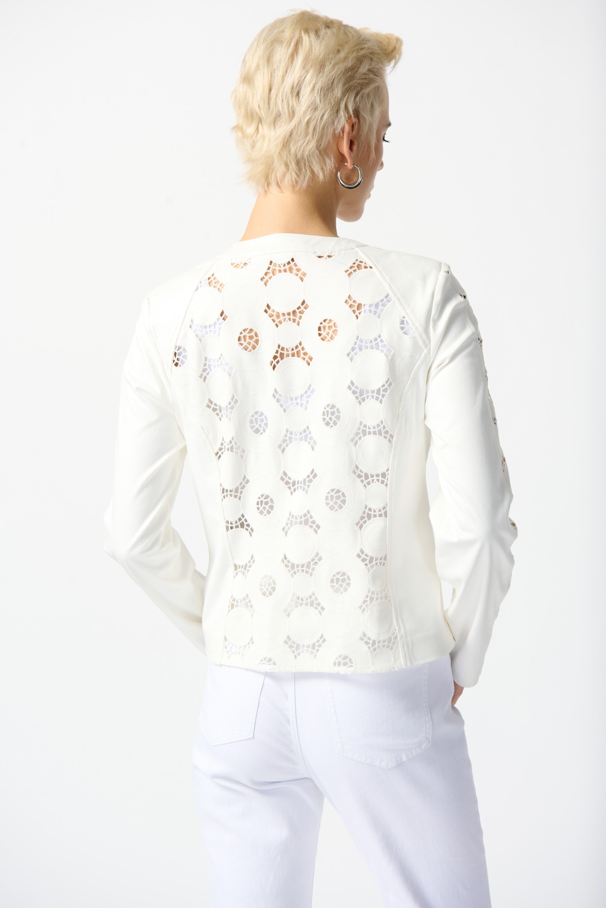 Back view of Joseph Ribkoff (242907) Women's Long Sleeve Faux Suede Jacket with Laser Cut detail in White