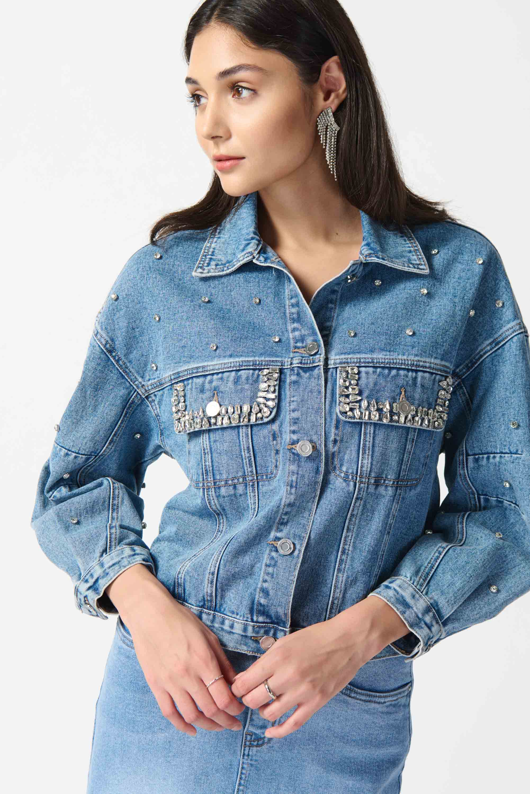 Joseph Ribkoff (242917) women's Long Sleeve Button up Rhinestone Embellished Denim Boxy Jacket in Medium Wash