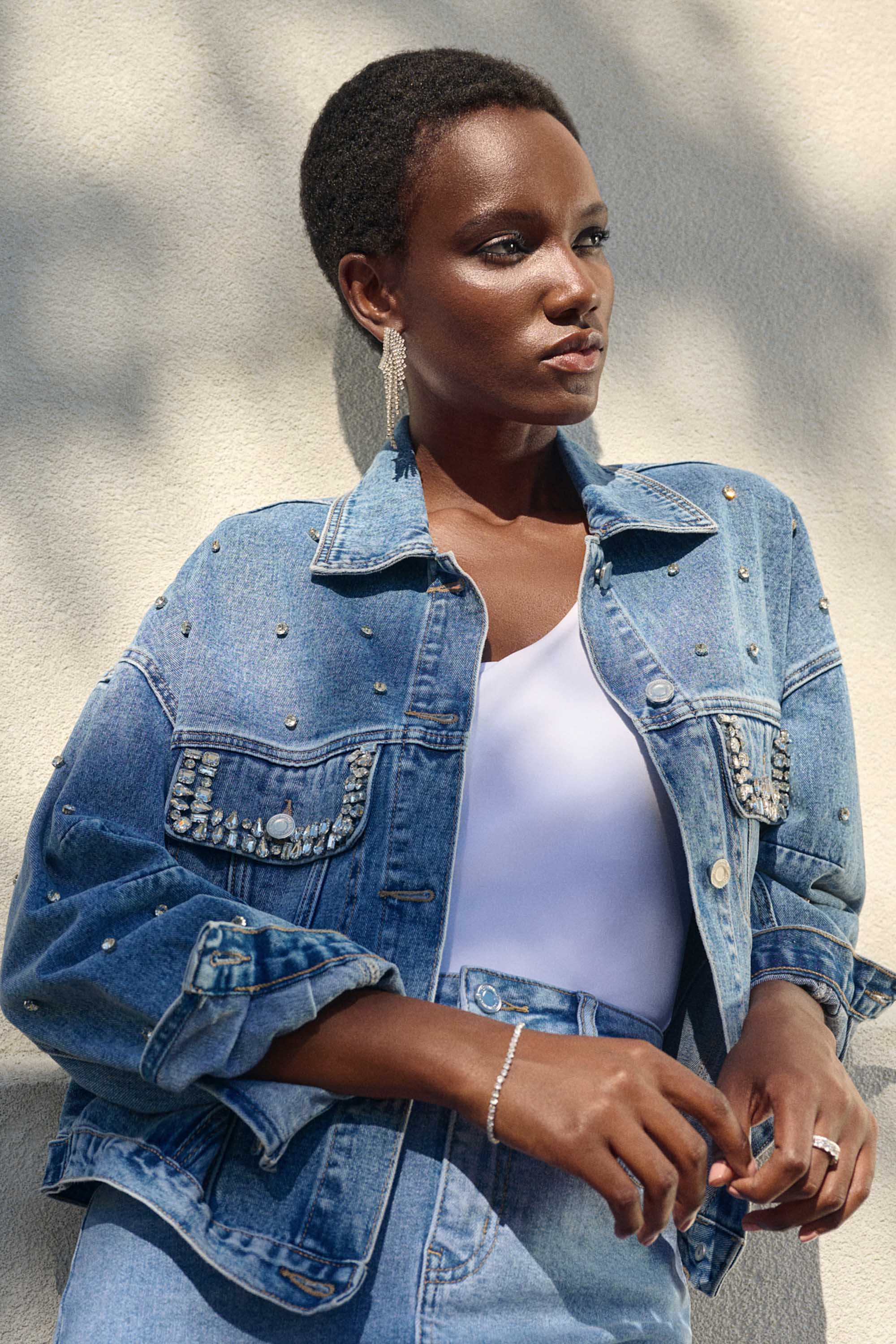 Embellished Denim Boxy Jacket