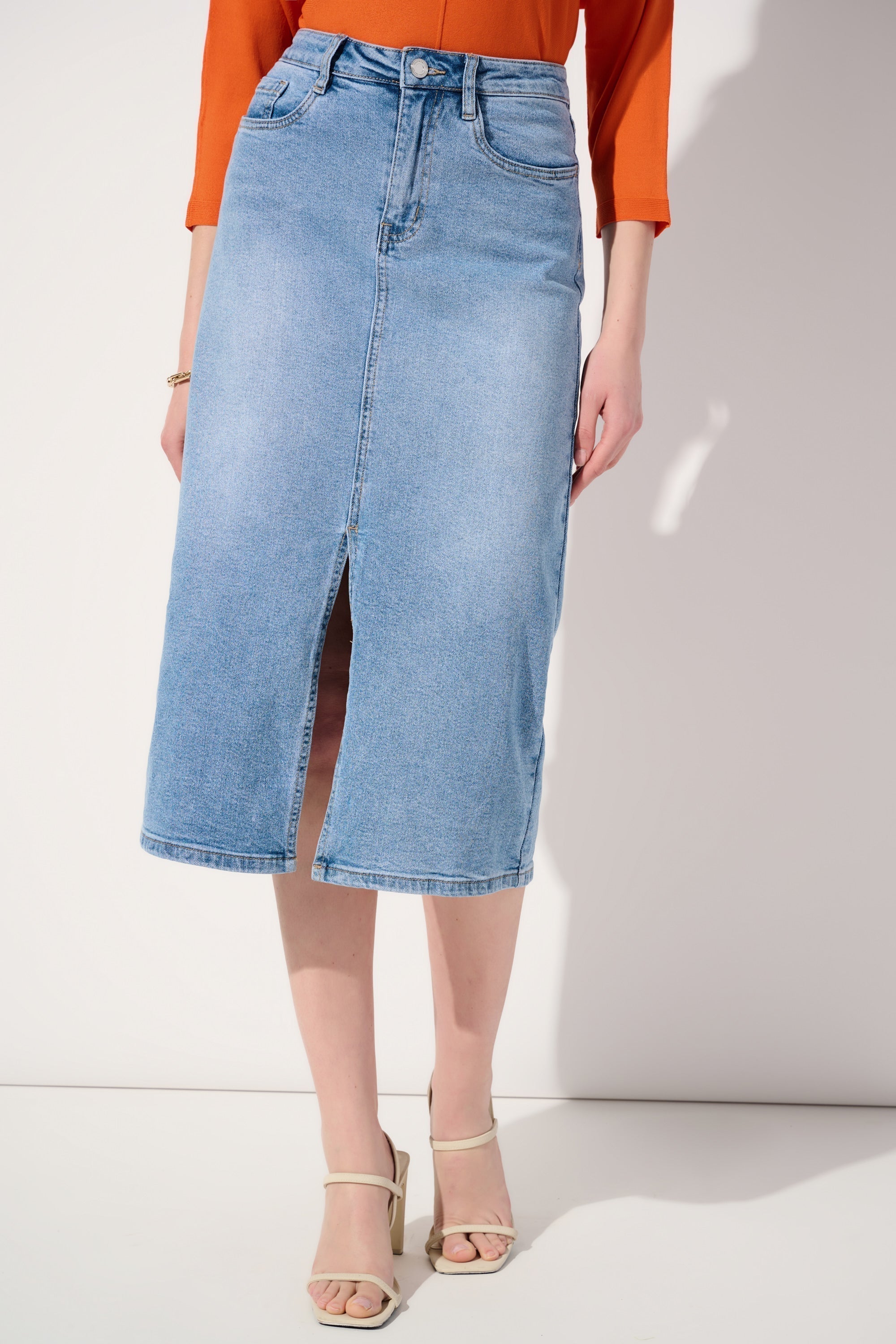 Front view of Joseph Ribkoff (242919) Women's Midi A-Line, Light Wash Denim Skirt