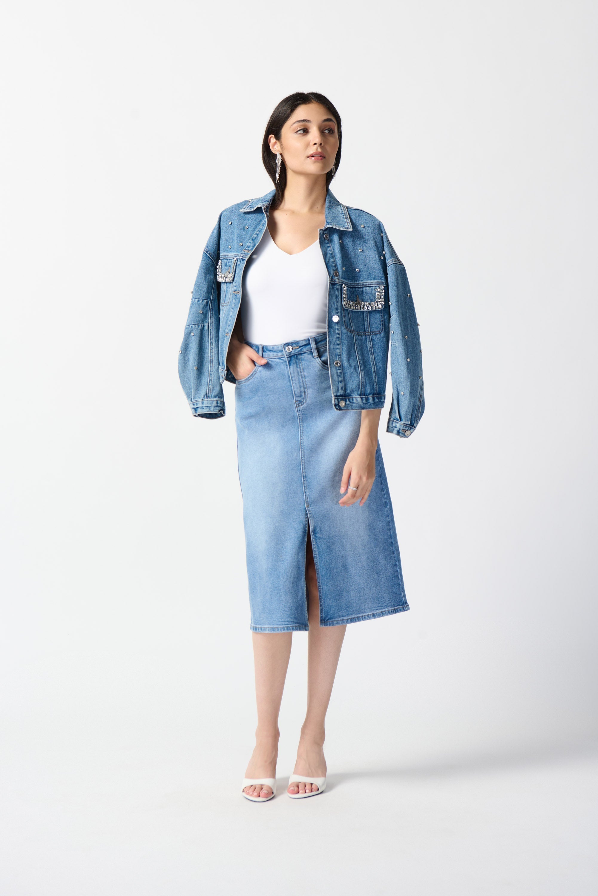 Front full body view of Joseph Ribkoff (242919) Women's Midi A-Line, Light Wash Denim Skirt