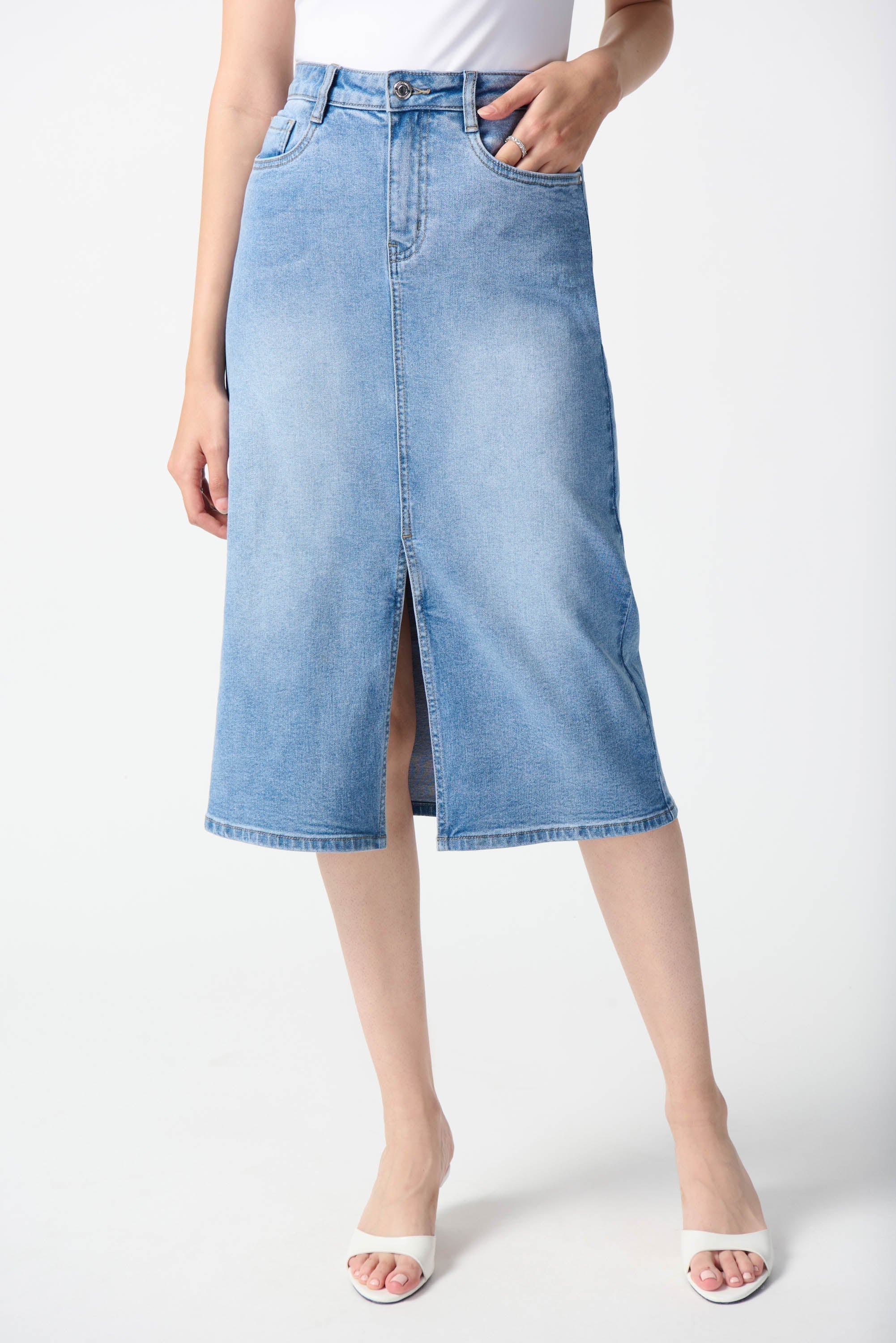 Joseph Ribkoff (242919) Women's Midi A-Line, Light Wash Denim Skirt