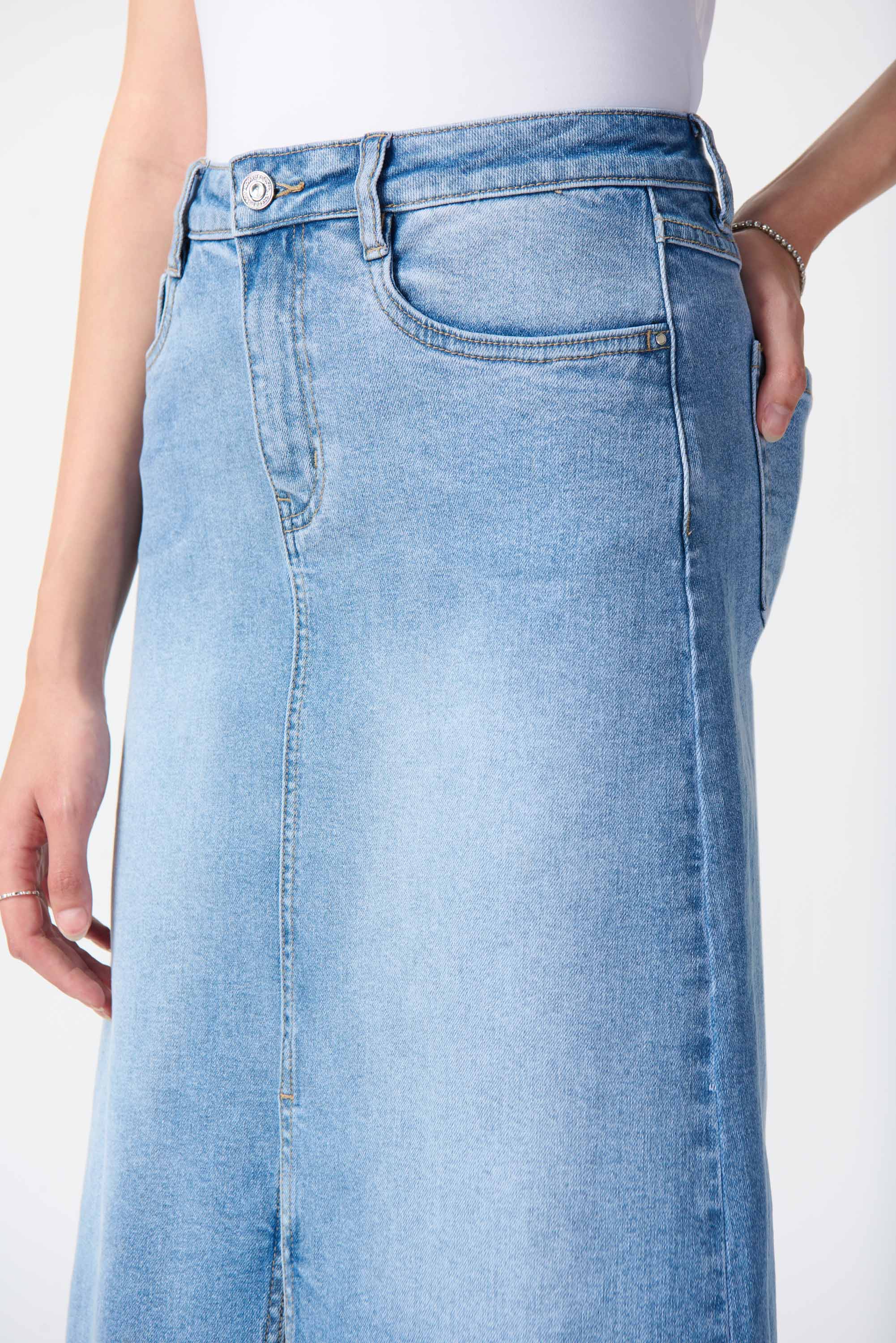 Close up side view of Joseph Ribkoff (242919) Women's Midi A-Line, Light Wash Denim Skirt