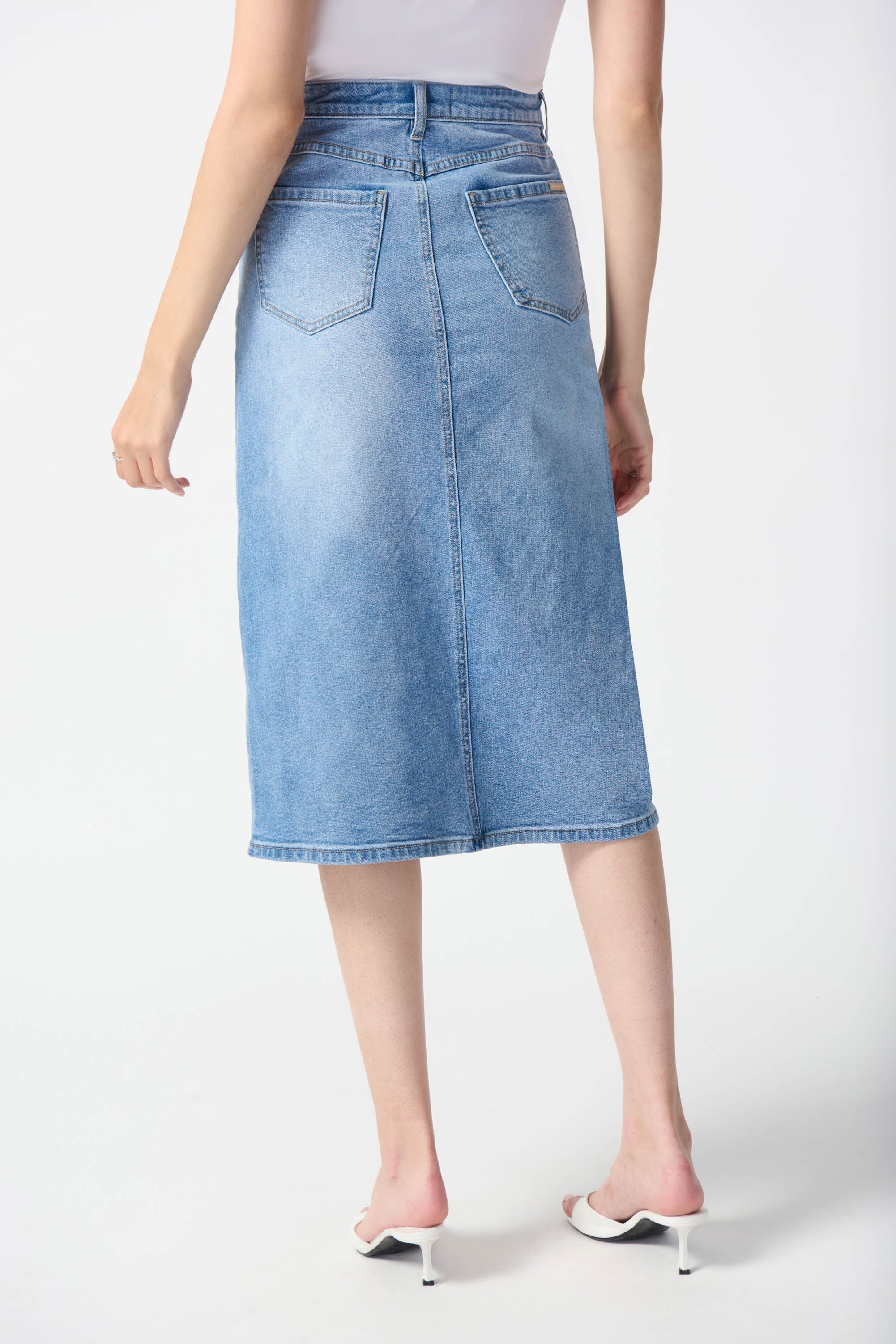 Back view of Joseph Ribkoff (242919) Women's Midi A-Line, Light Wash Denim Skirt