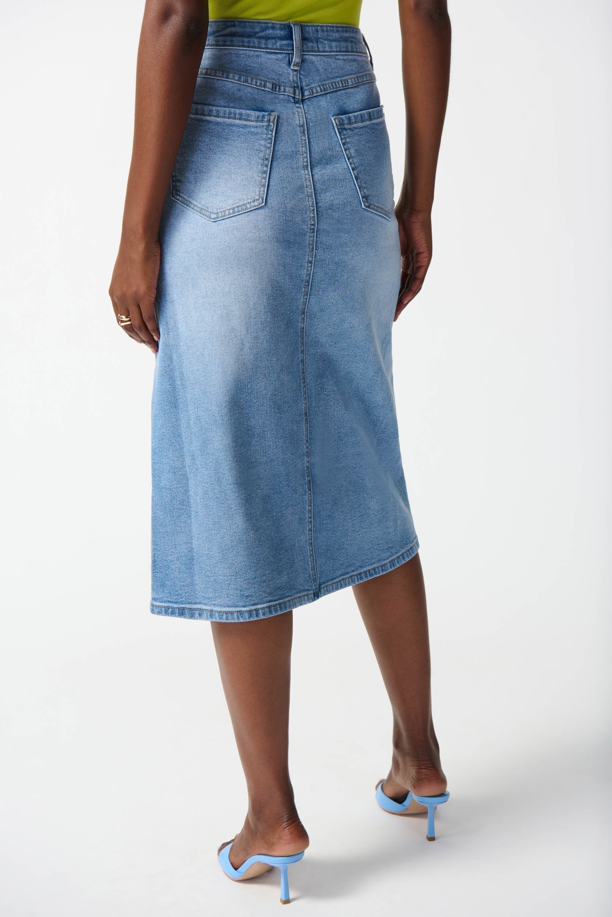 Back view of Joseph Ribkoff (242919) Women's Midi A-Line, Light Wash Denim Skirt