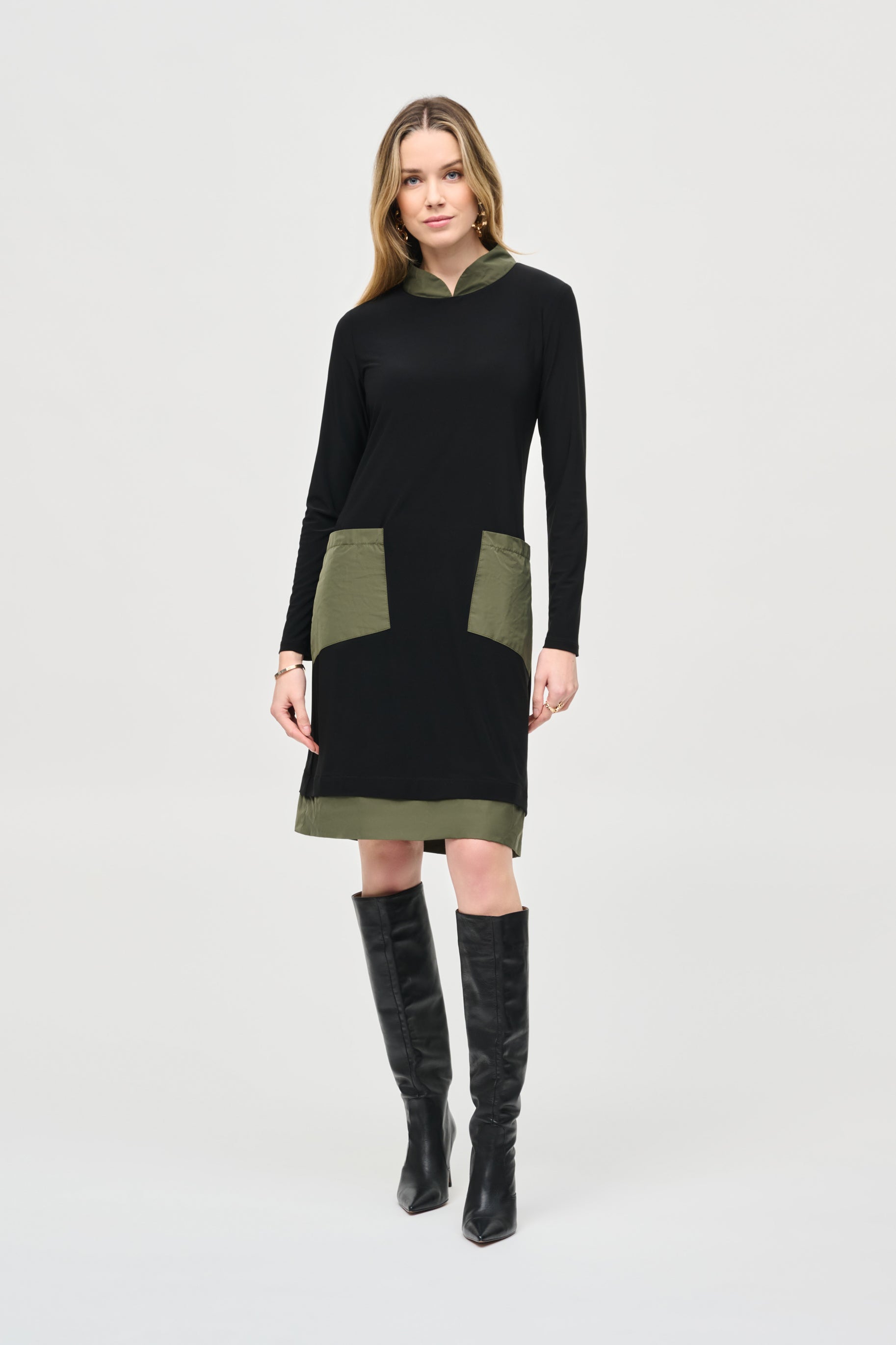 Joseph Ribkoff (243031) Women's Long Sleeve Silky Knit Dress with Contrast Mixed Media Trim and Front Patch Pockets in Black and Green