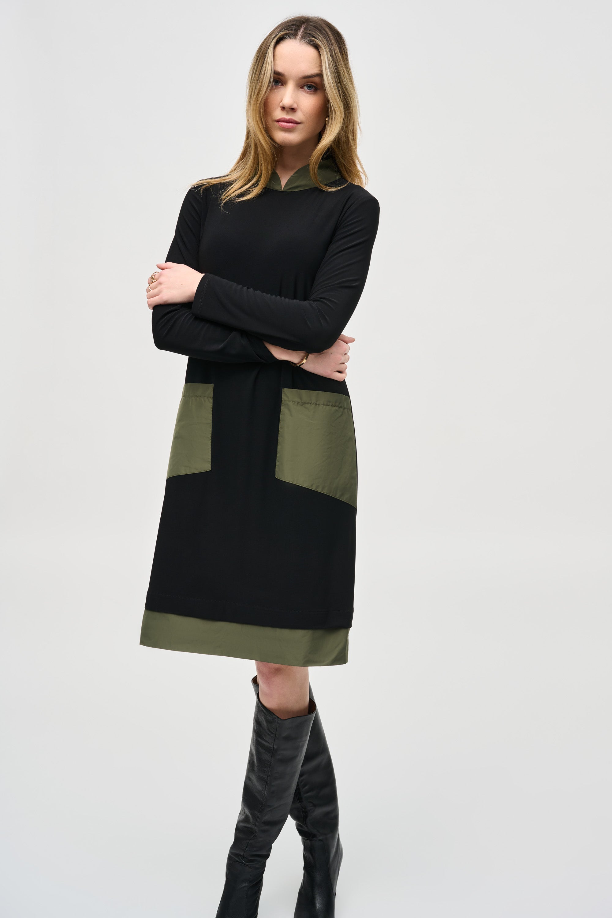 Joseph Ribkoff (243031) Women's Long Sleeve Silky Knit Dress with Contrast Mixed Media Trim and Front Patch Pockets in Black and Green