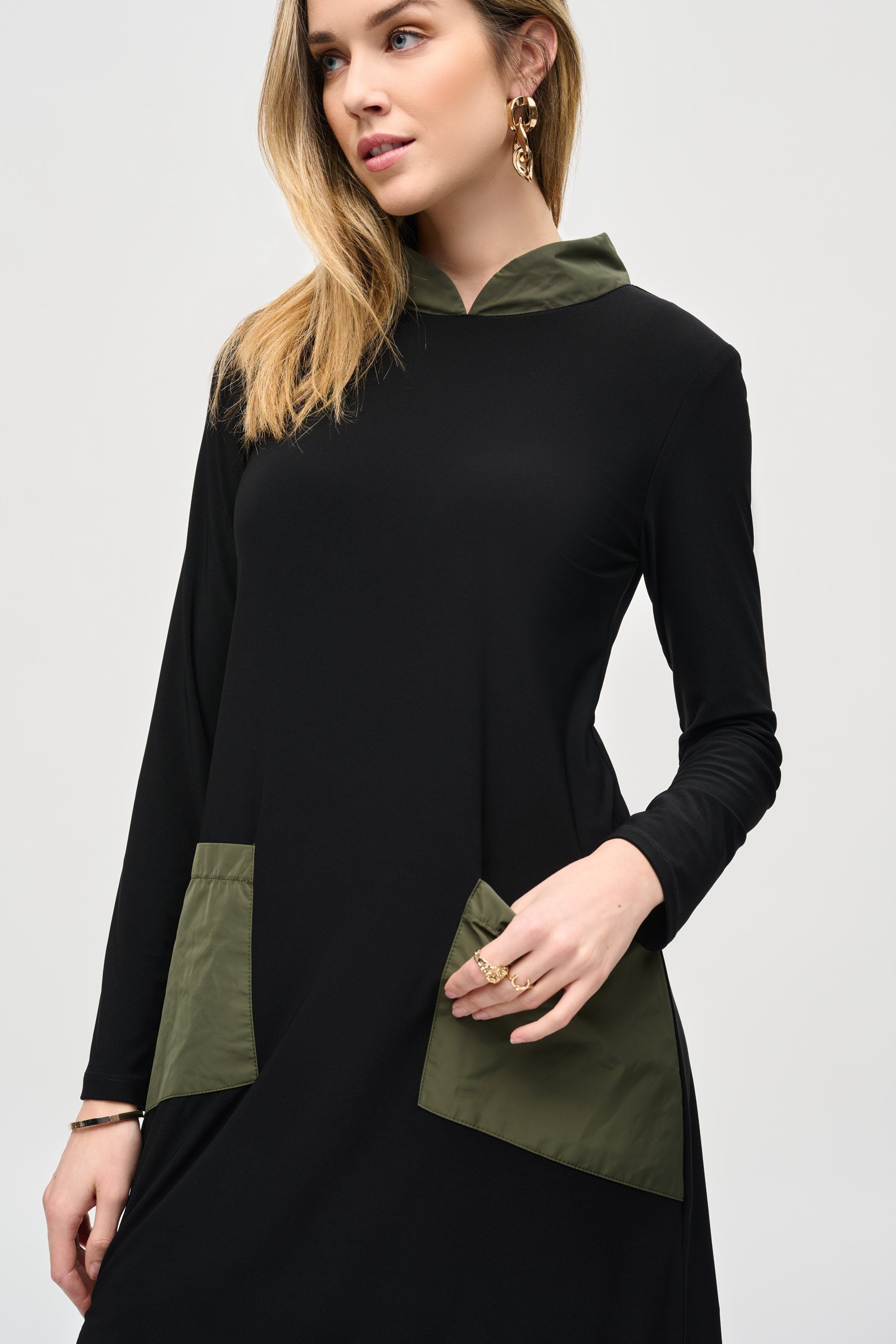 Joseph Ribkoff (243031) Women's Long Sleeve Silky Knit Dress with Contrast Mixed Media Trim and Front Patch Pockets in Black and Green