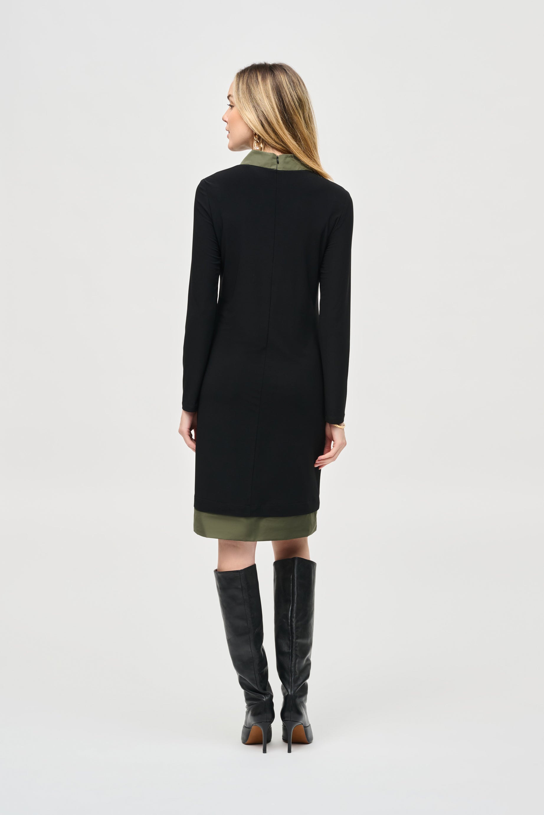 Back view of Joseph Ribkoff (243031) Women's Long Sleeve Silky Knit Dress with Contrast Mixed Media Trim and Front Patch Pockets in Black and Green