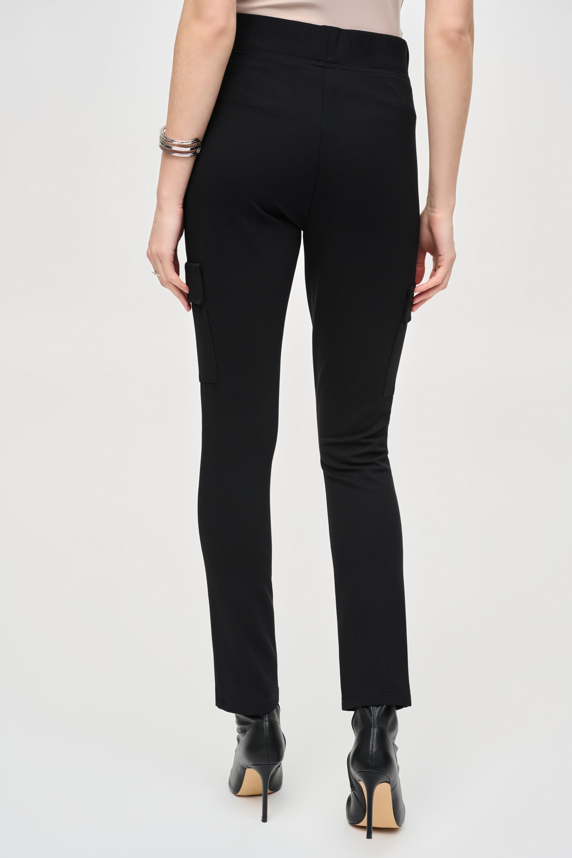 Back view of Joseph Ribkoff (243045) Women's Slim Fit Pull-On Pants With Side Cargo Pockets for Work and Weekend in Black