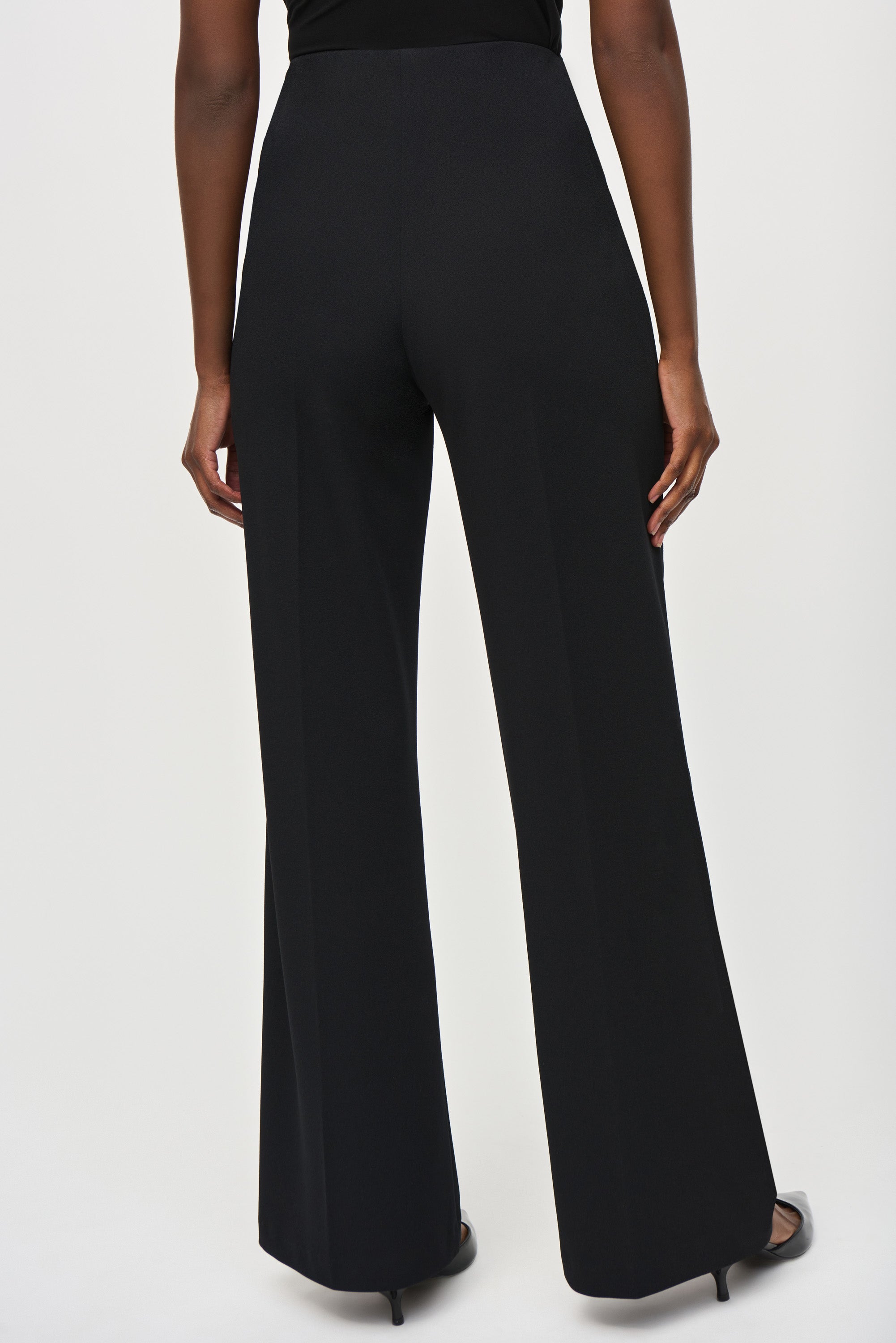 Back view of Joseph Ribkoff (243046) Women's Wide-Leg Pull-On Office Pants in Black Scuba Crepe Fabric