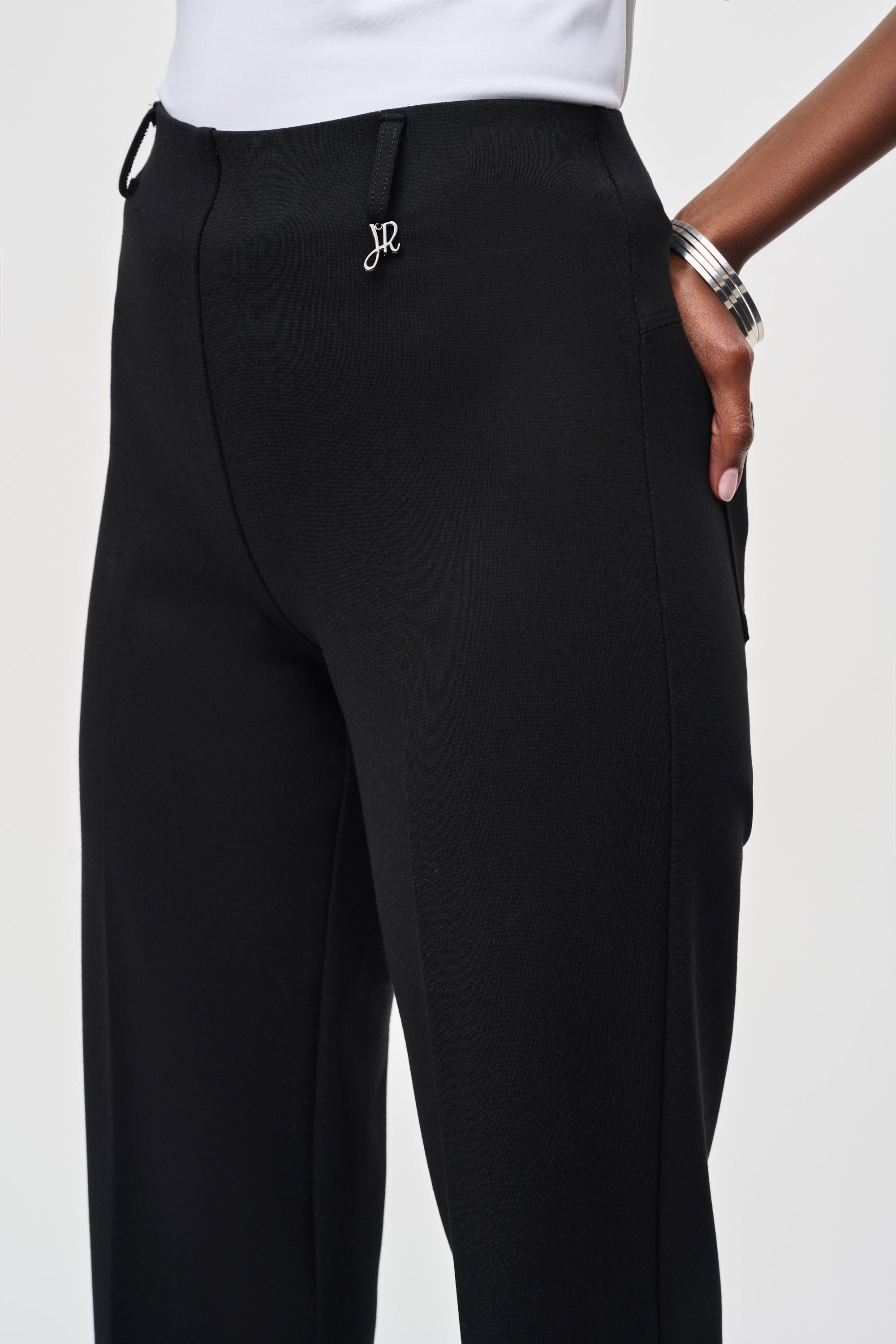 Front close up showing JR ornament on hip Joseph Ribkoff (243049) Women's Heavy Knit Straight Fit Pull-On Pants with 27 inch inseam in Black