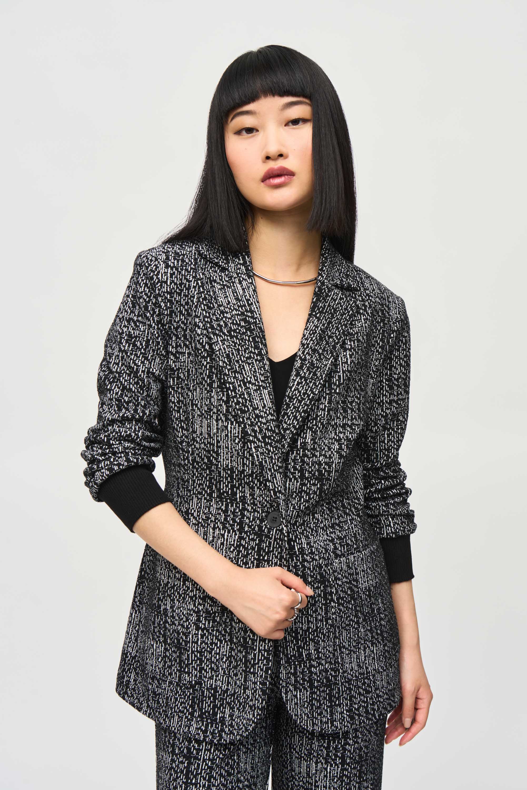 Joseph Ribkoff (243053) Women's 3/4 Ruched Sleeve Tweed Blazer, with Single Button Close and Two Front Patch Pockets in Black & White Tweed