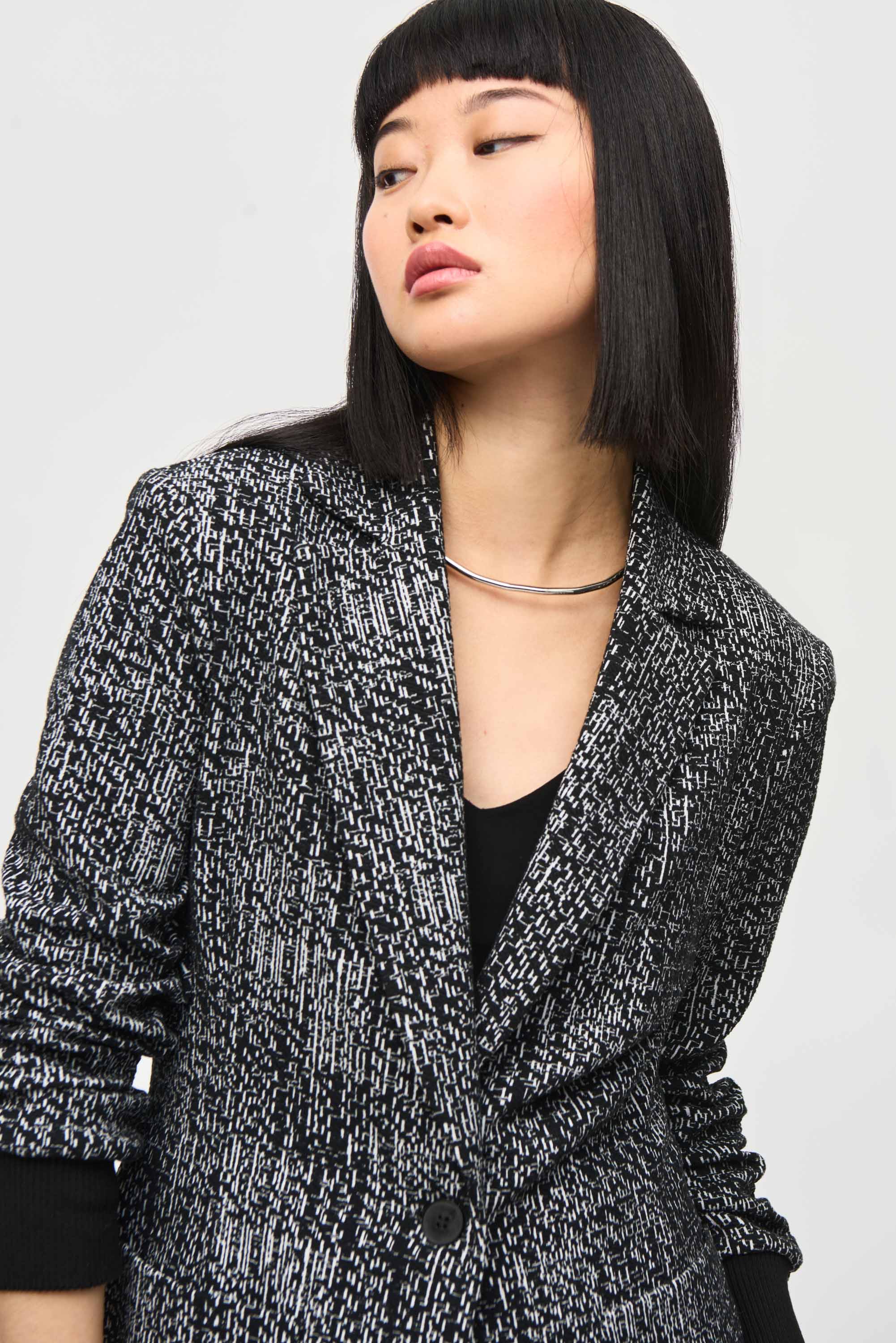 Joseph Ribkoff (243053) Women's 3/4 Ruched Sleeve Tweed Blazer, with Single Button Close and Two Front Patch Pockets in Black & White Tweed