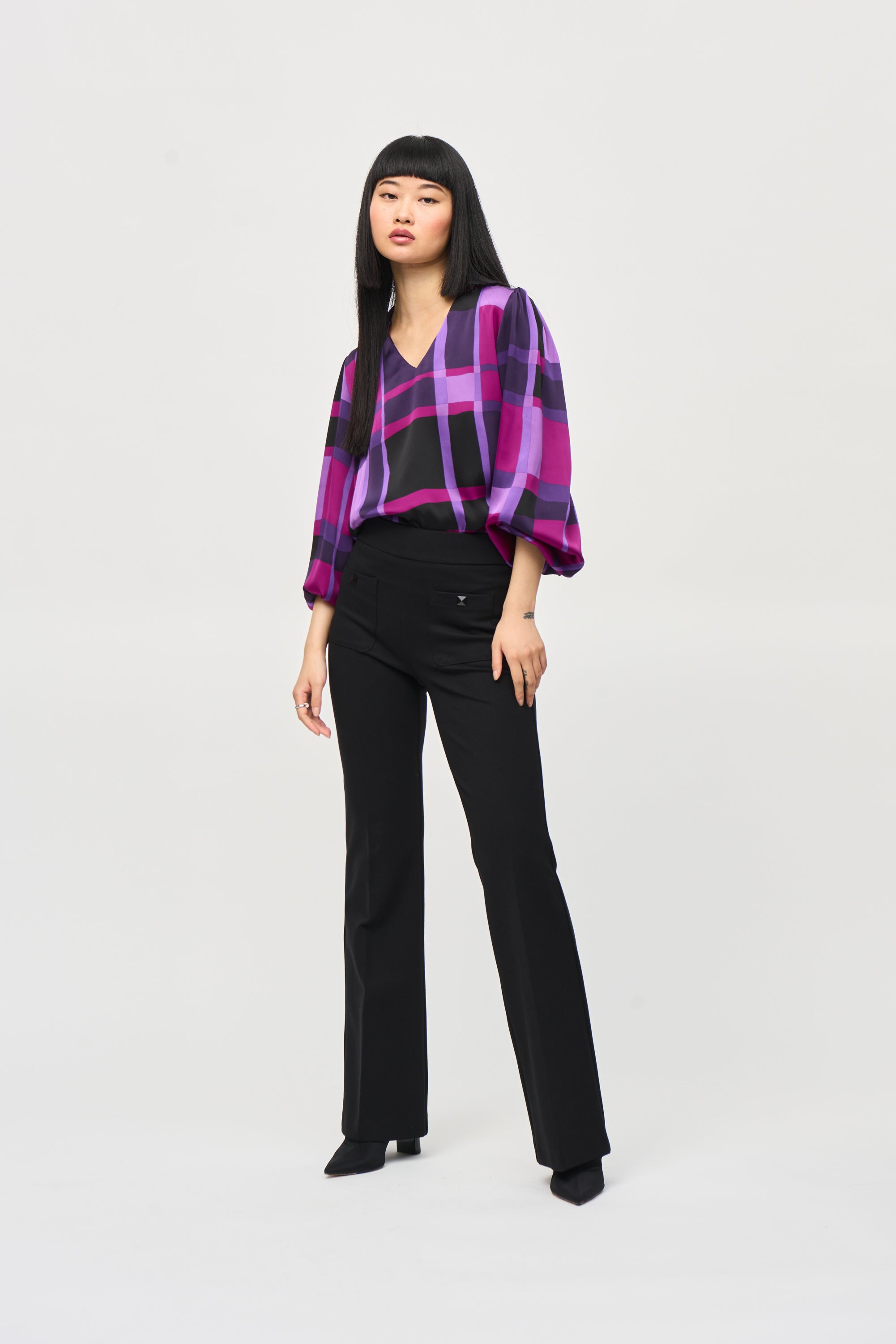 Joseph Ribkoff (243058) Women's Long Puff Sleeve Satin Top in Purple Plaid with Boxy Silhouette