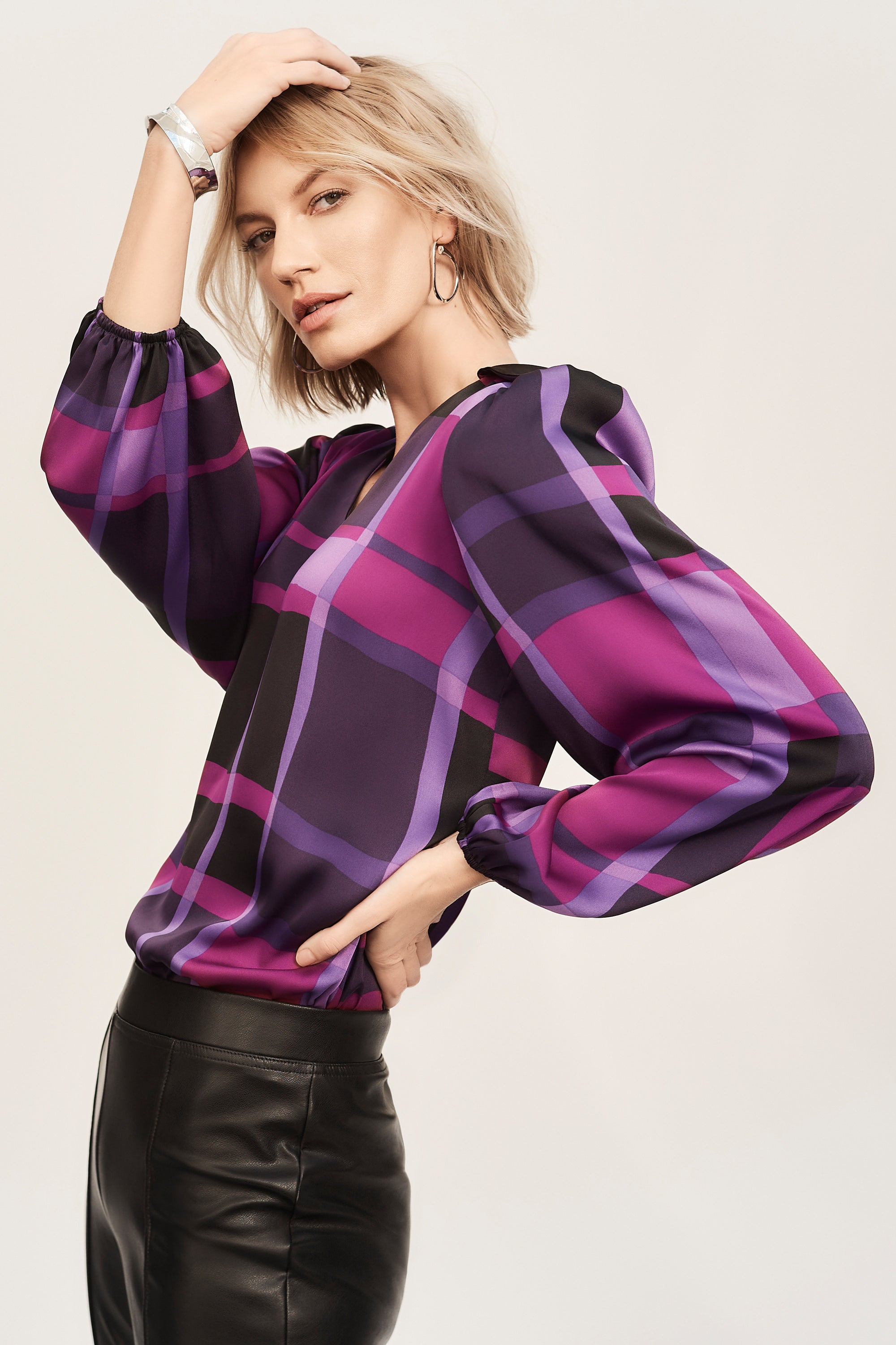 Joseph Ribkoff (243058) Women's Long Puff Sleeve Satin Top in Purple Plaid with Boxy Silhouette