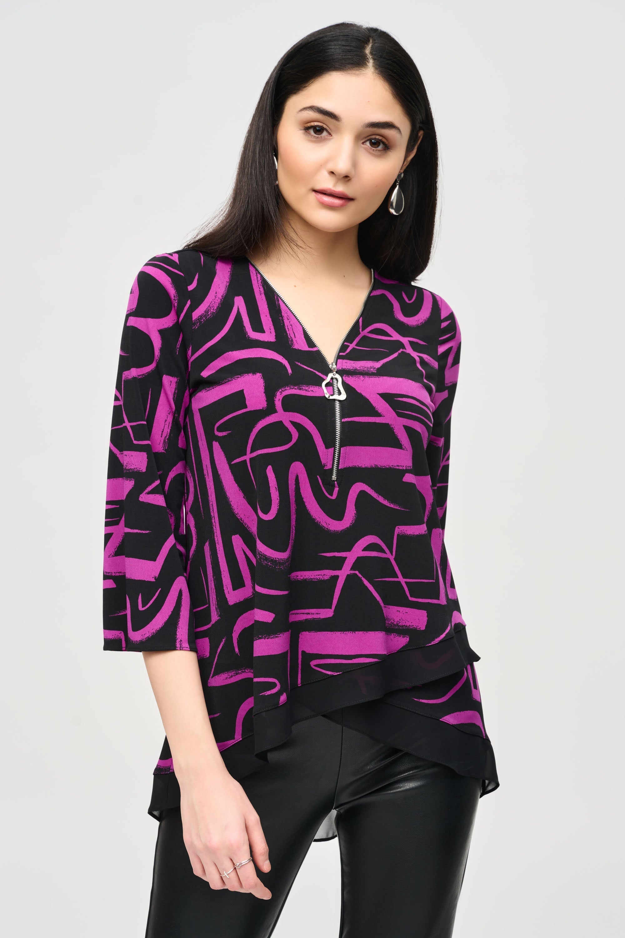 Joseph Ribkoff (243059) Women's 3/4 Sleeve Silky Knit Flared Top in a Bright Purple and Black Print 