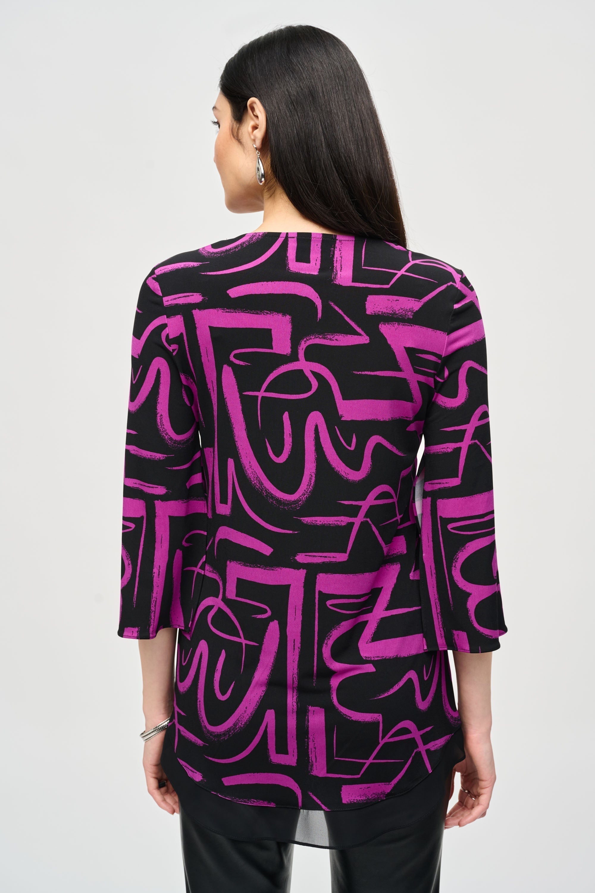 Back view of Joseph Ribkoff (243059) Women's 3/4 Sleeve Silky Knit Flared Top in a Bright Purple and Black Print 