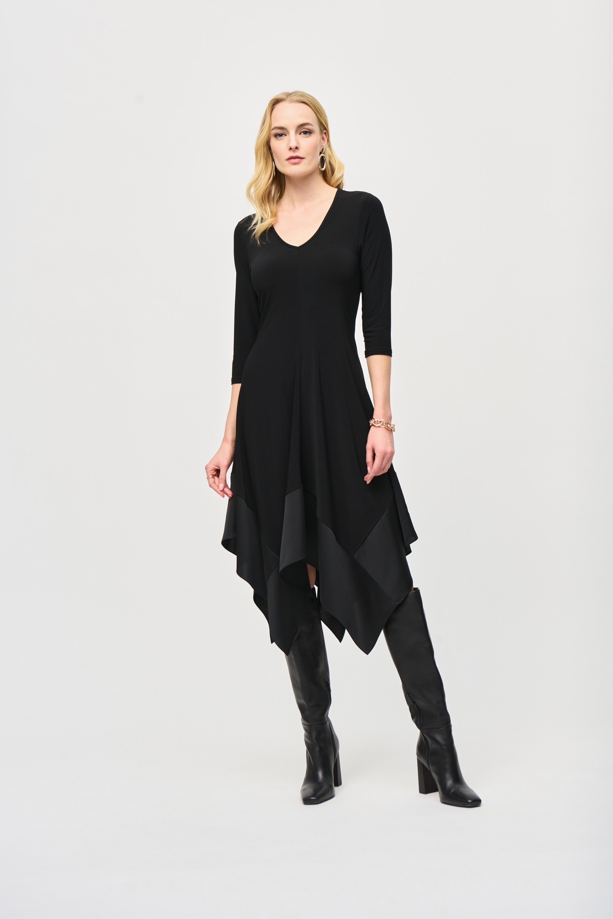 Joseph Ribkoff (243092) 3/4 Sleeve, V-neck Silky Knit Midi Dress with Handkerchief Hem in Black