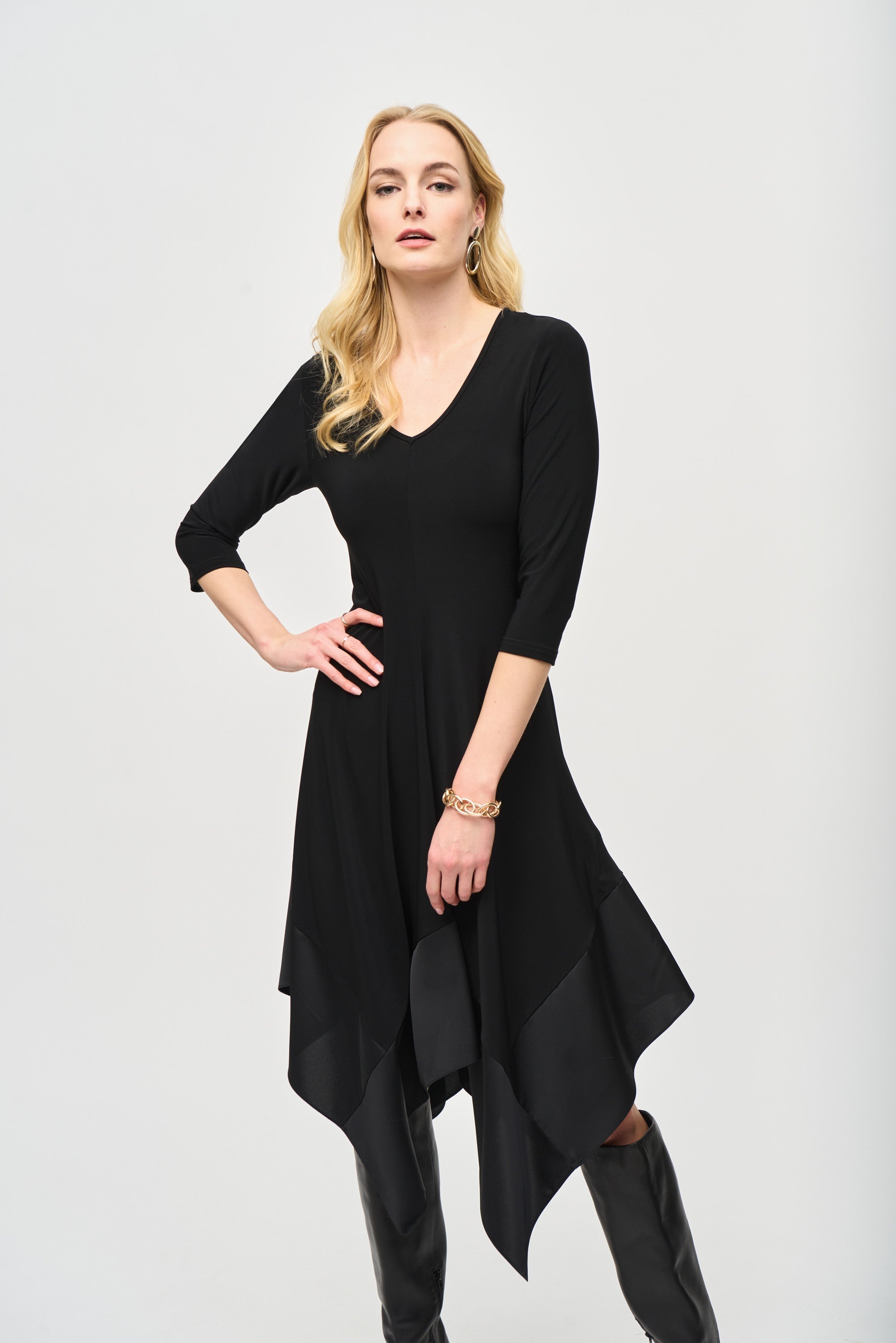 Joseph Ribkoff (243092) 3/4 Sleeve, V-neck Silky Knit Midi Dress with Handkerchief Hem in Black