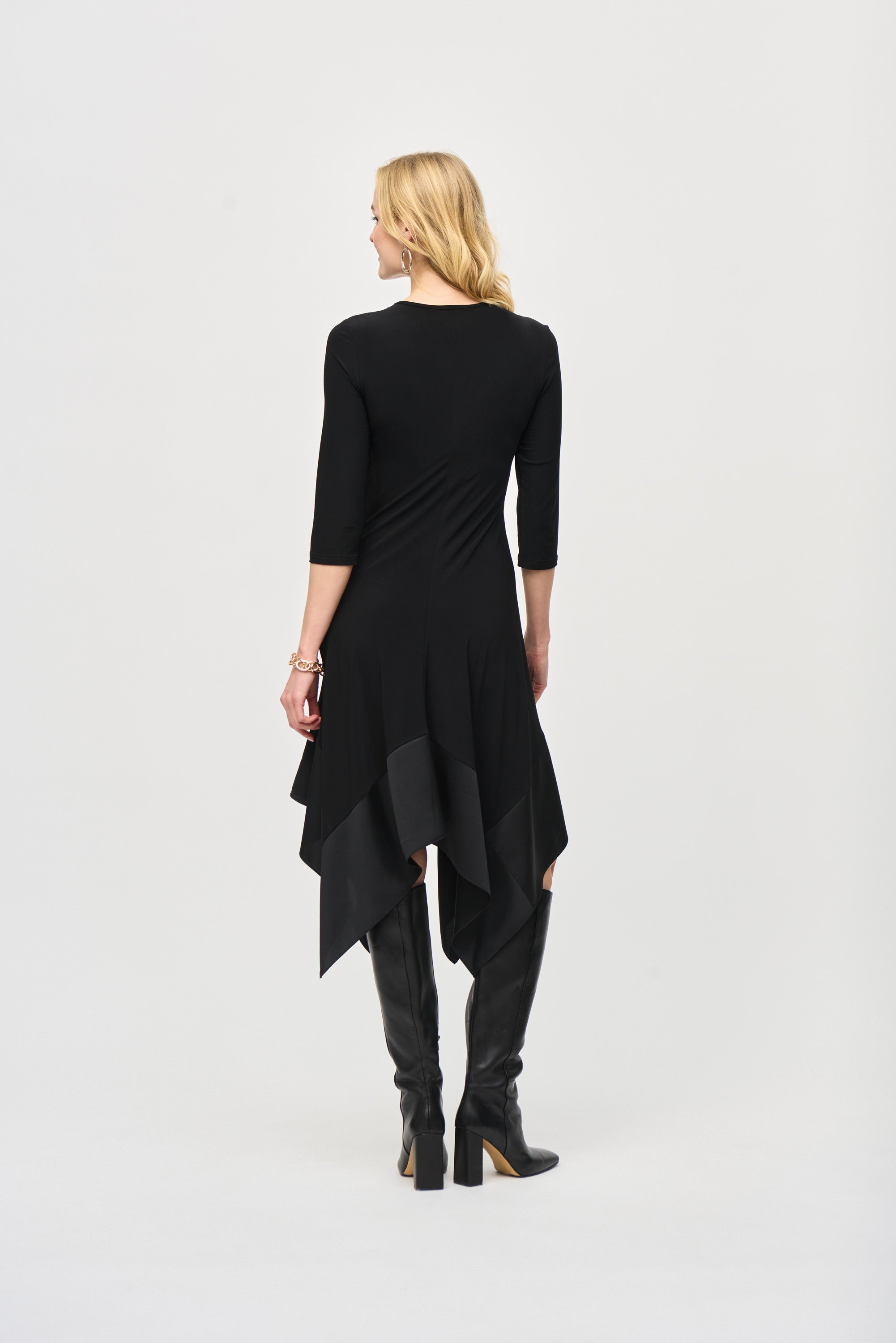 Joseph Ribkoff (243092) 3/4 Sleeve, V-neck Silky Knit Midi Dress with Handkerchief Hem in Black