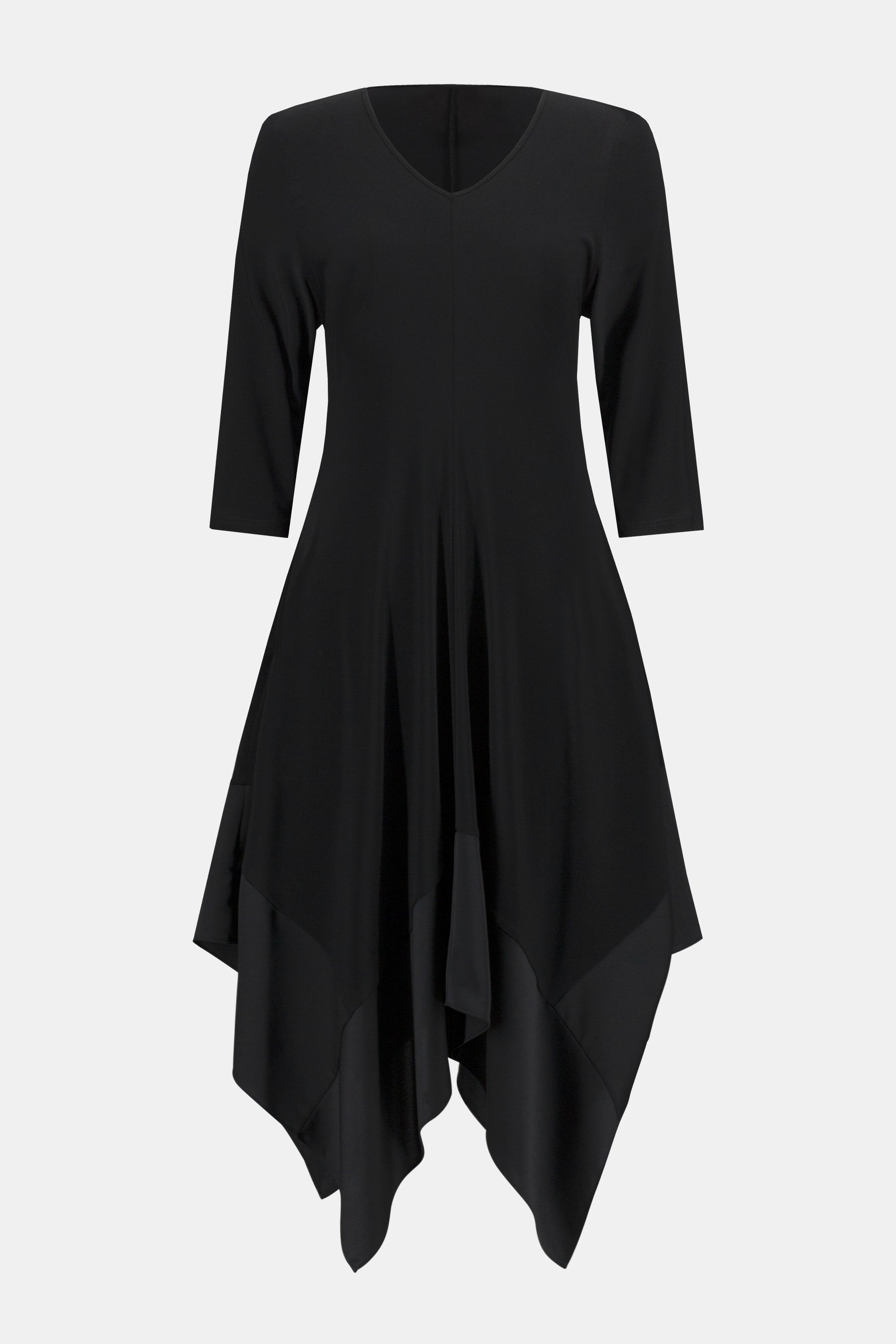 Joseph Ribkoff (243092) 3/4 Sleeve, V-neck Silky Knit Midi Dress with Handkerchief Hem in Black