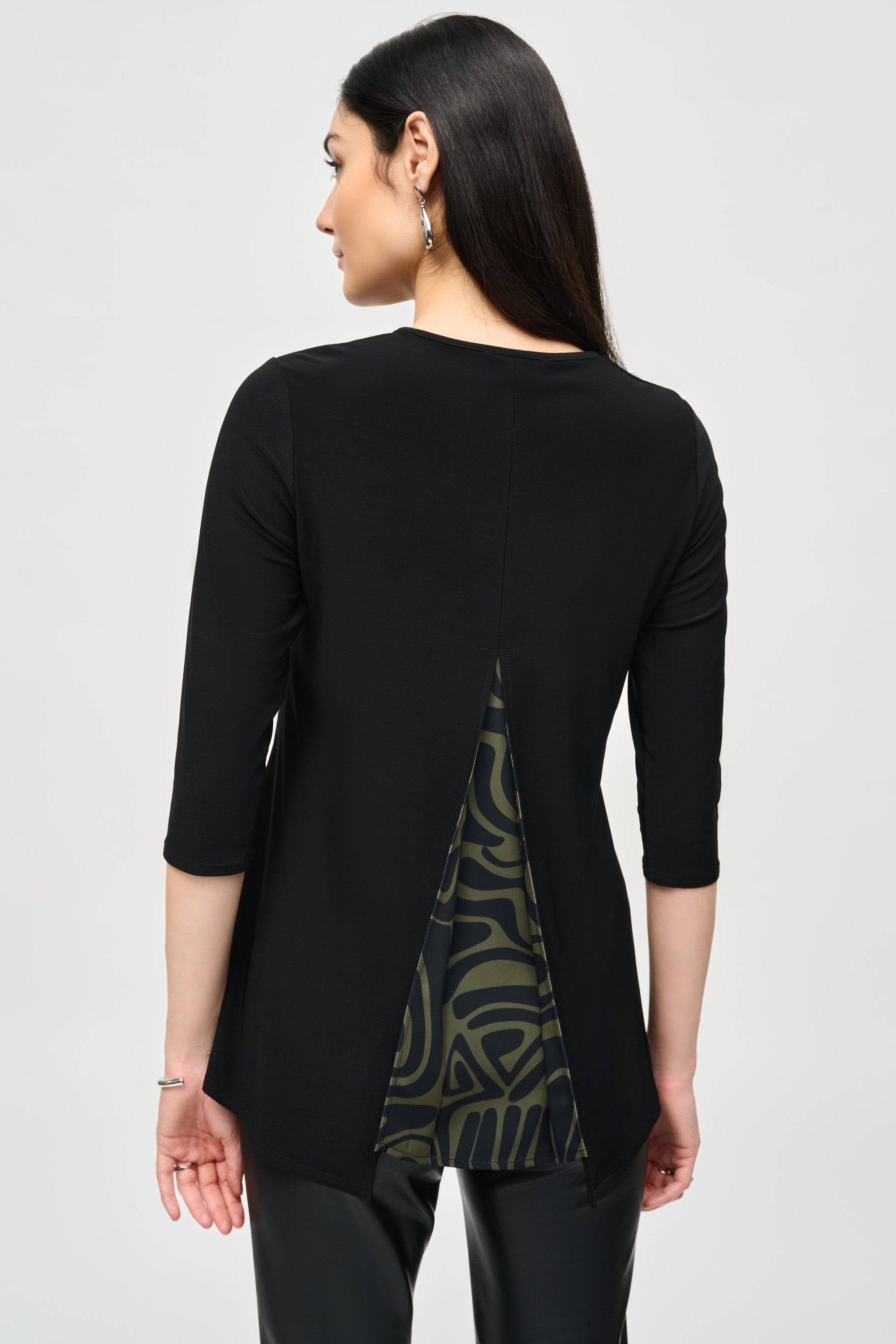 Joseph Ribkoff (243123) Women's 3/4 Sleeve Scoop Neck Silky Knit Tunic in Black with Black and Green Swirled Abstract Print Layer and Leatherette Patch Pocket