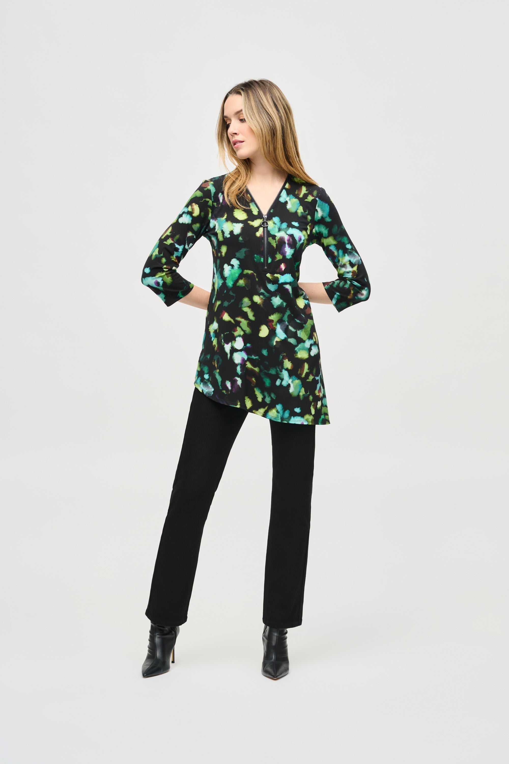 Joseph Ribkoff (243134) Women's 3/4 Sleeve Silky Knit Green Abstract Printed Tunic