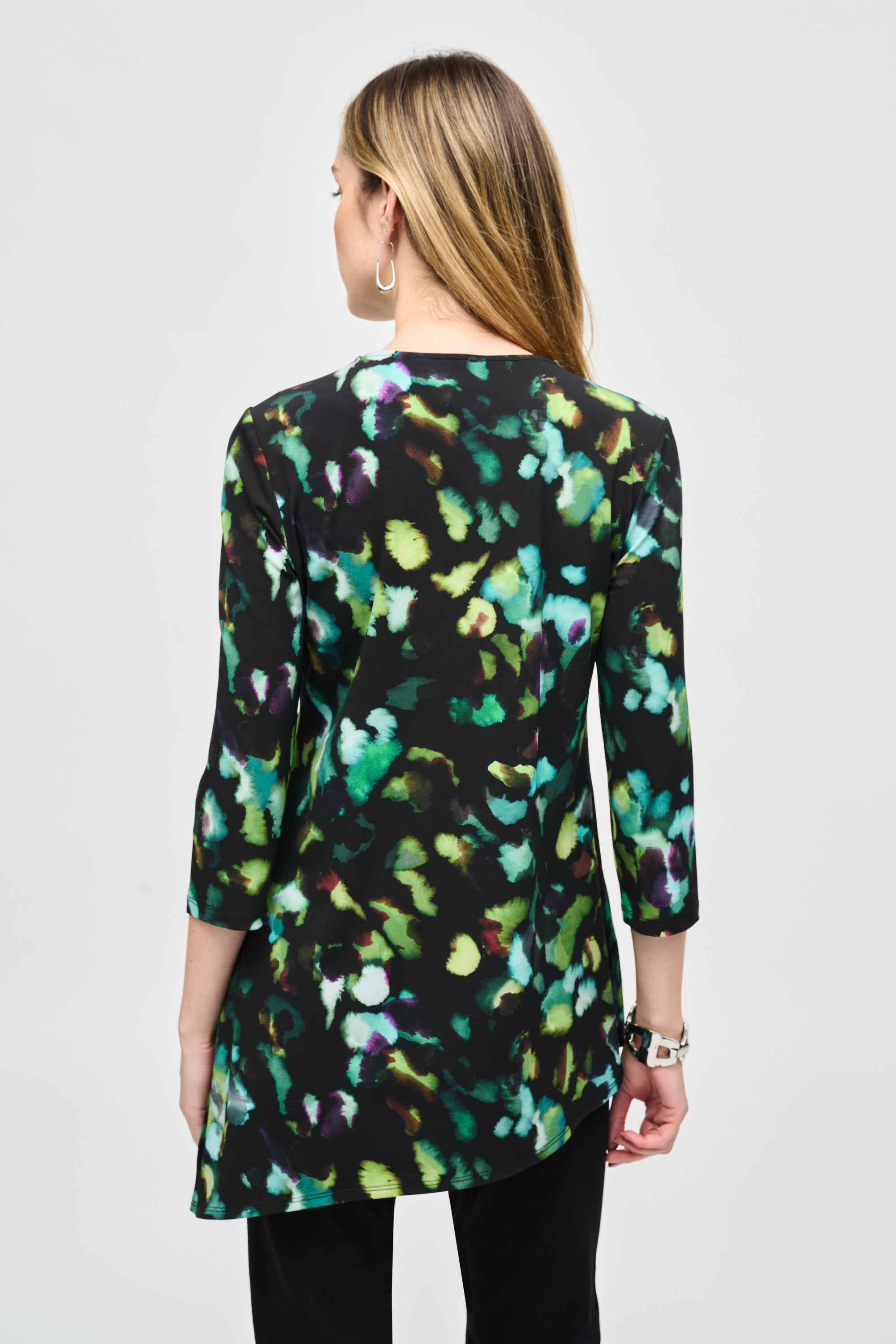 Back view of Joseph Ribkoff (243134) Women's 3/4 Sleeve Silky Knit Green Abstract Printed Tunic