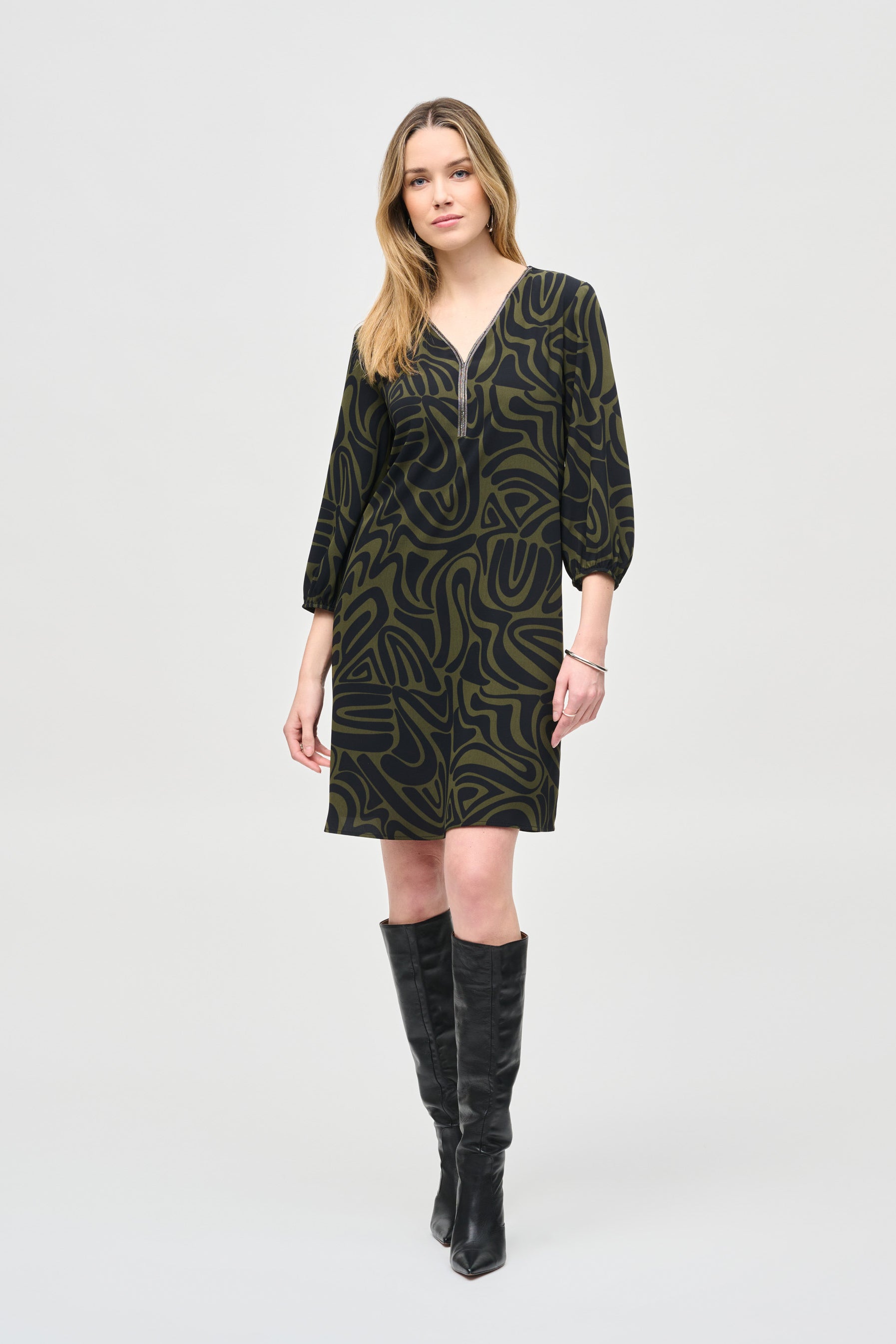 Joseph Ribkoff (243154) Woven Abstract Print 3/4 Puff Sleeve A-Line Dress in Black/Green