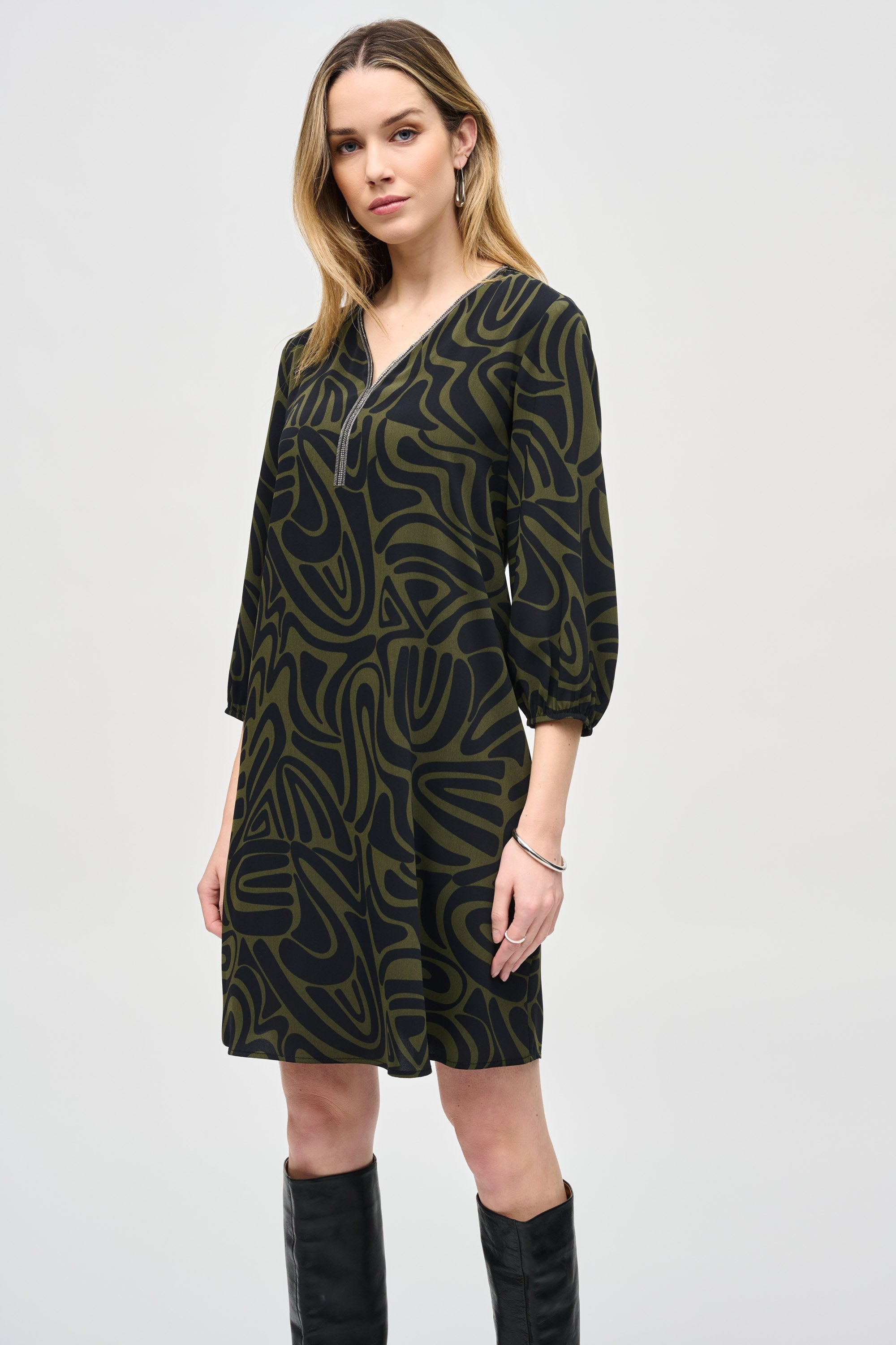 Joseph Ribkoff (243154) Woven Abstract Print 3/4 Puff Sleeve A-Line Dress in Black/Green